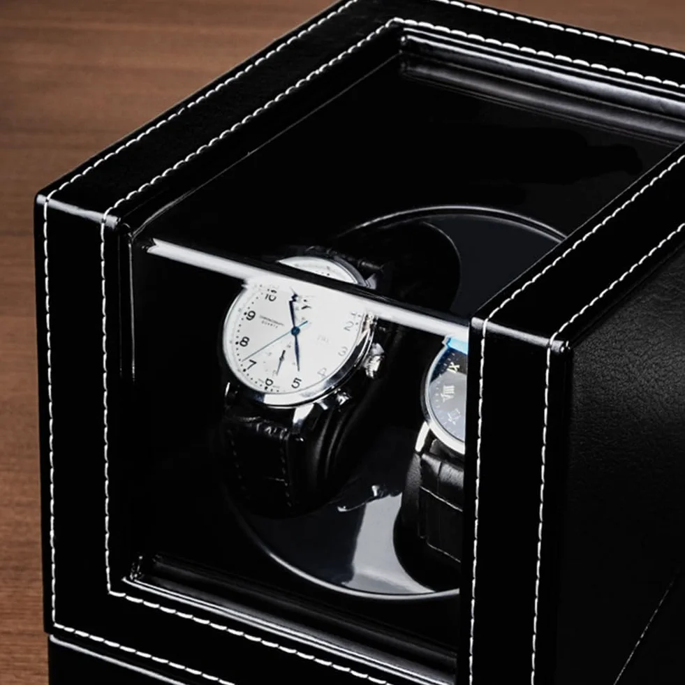 Enrollador de reloj doble para relojes automáticos, caja de cuero, 2 ranuras