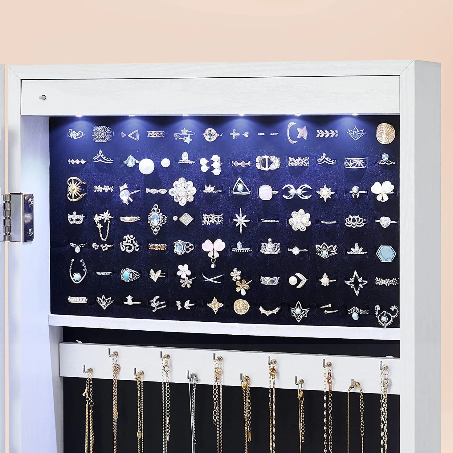 SONGMICS Armario para Joyas, Espejo Joyero de Pared, con Luces LED y Cierre, Organizador de para Pendiente, Collar, Espejo y Varios Compartimentos, Blanco con Vetas de Madera JBC93W