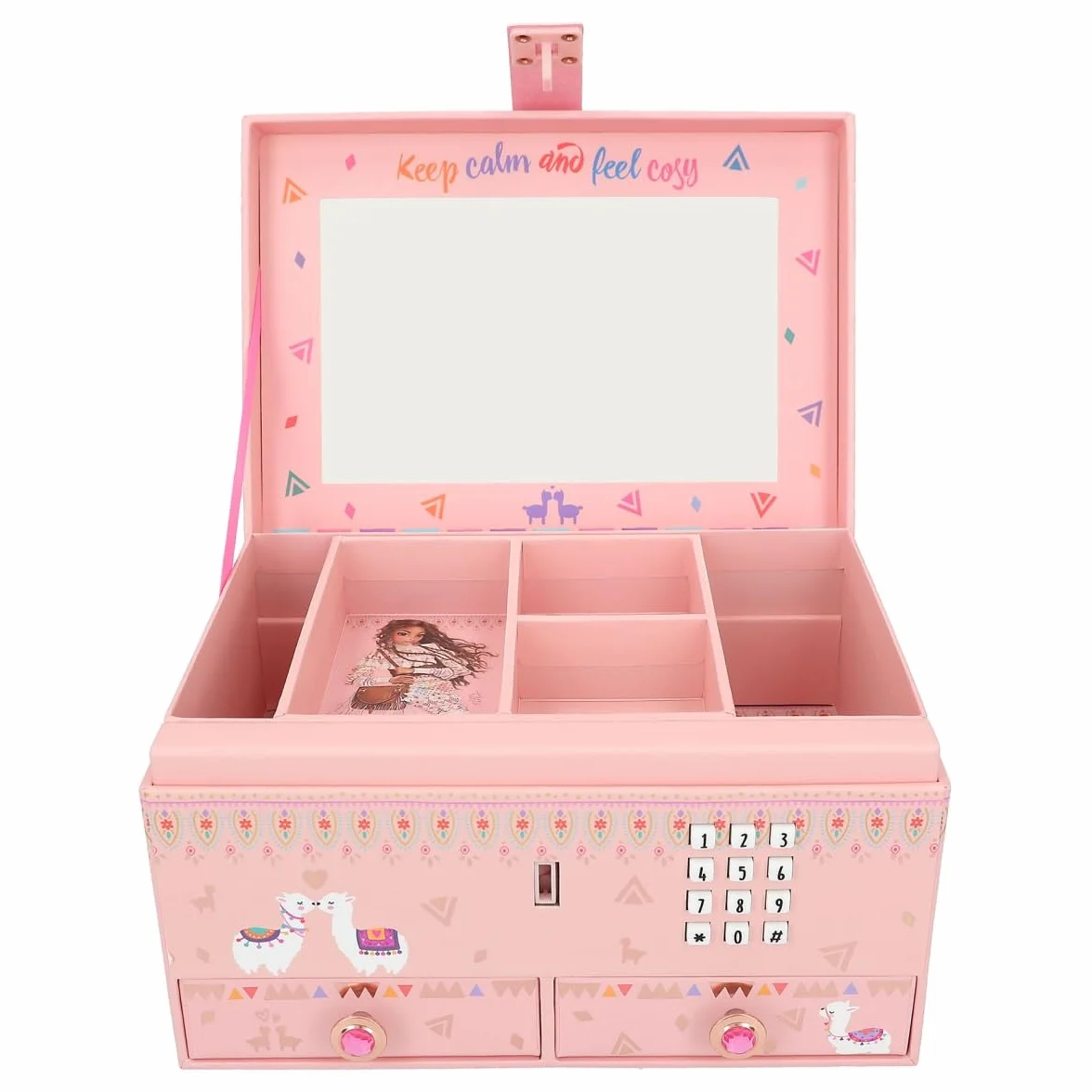 Depesche TOPModel Cosy-Pequeño Rosa Joyero con Motivo de Alpaca y Modelo, Abre con Código de Sonido, Espejo Tapa abatible Multicolor
