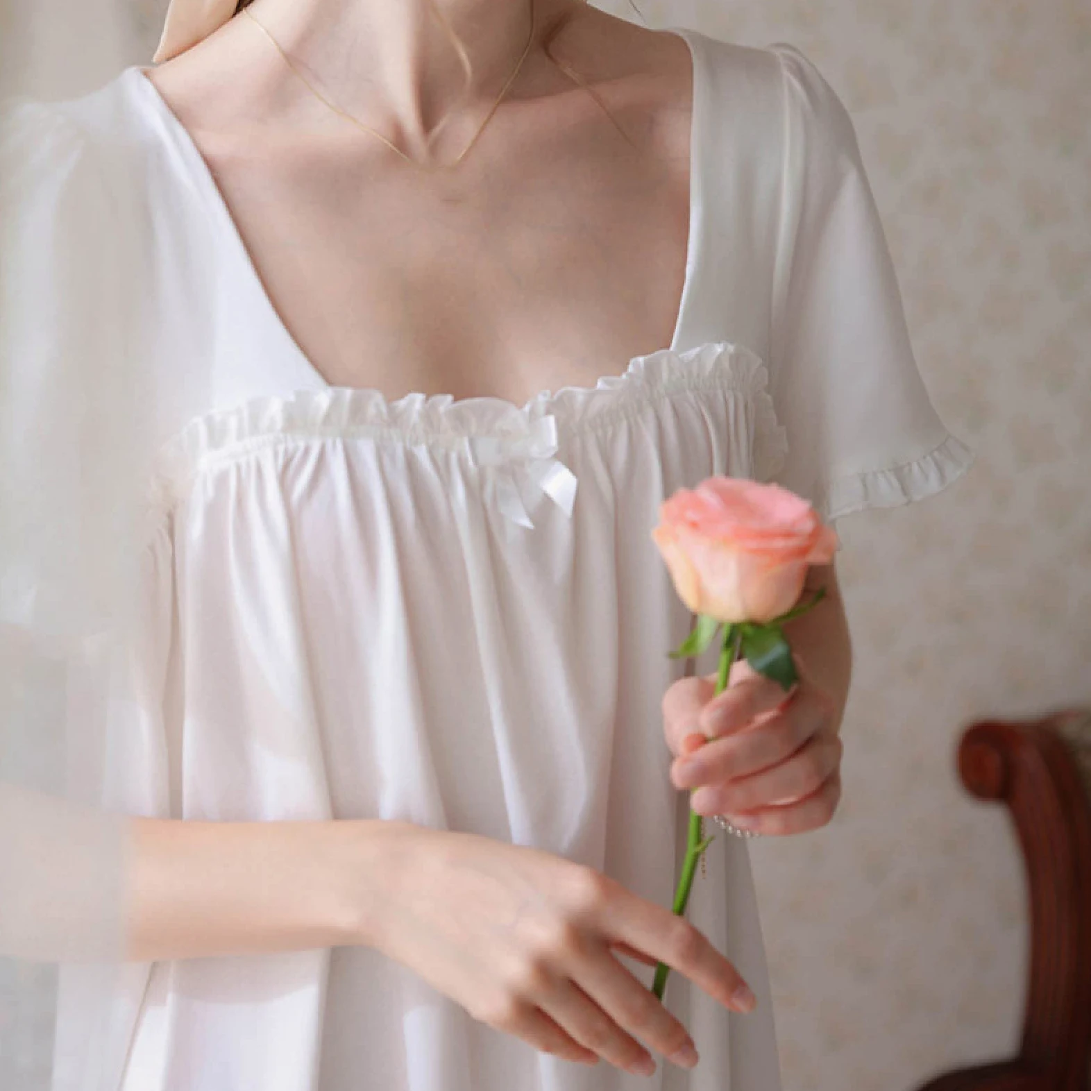 OFFSUM Camisón De Pijama De Mujer - Verano De Longitud Media Cuello Cuadrado Elegante Algodón Encaje Manga Corta Color Sólido Camisón Estilo Princesa Pijama Loungewear