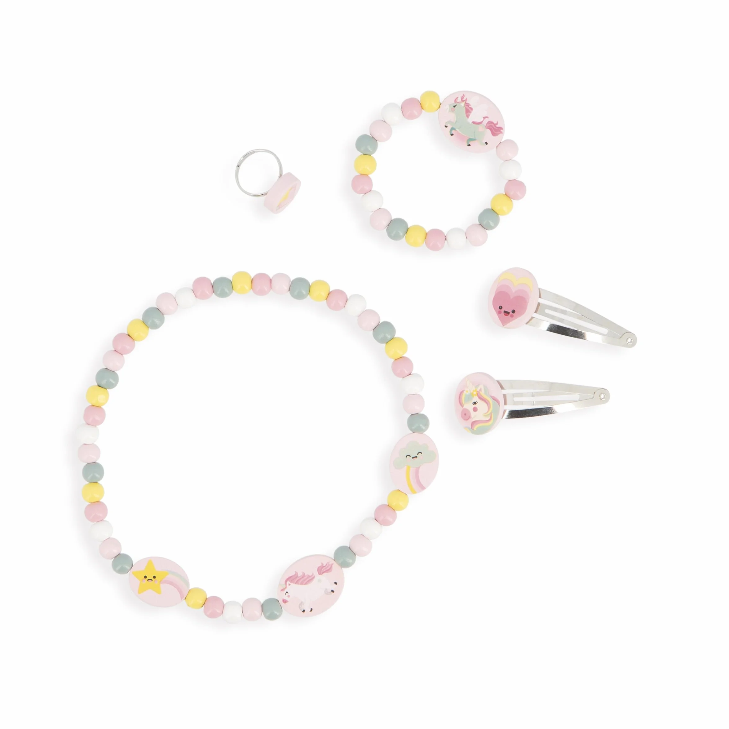 Janod Set de 5 Joyas de Madera Unicornios - Collar, Pulsera, Anillo y 2 Clips - FSC - A Partir de 3 Años