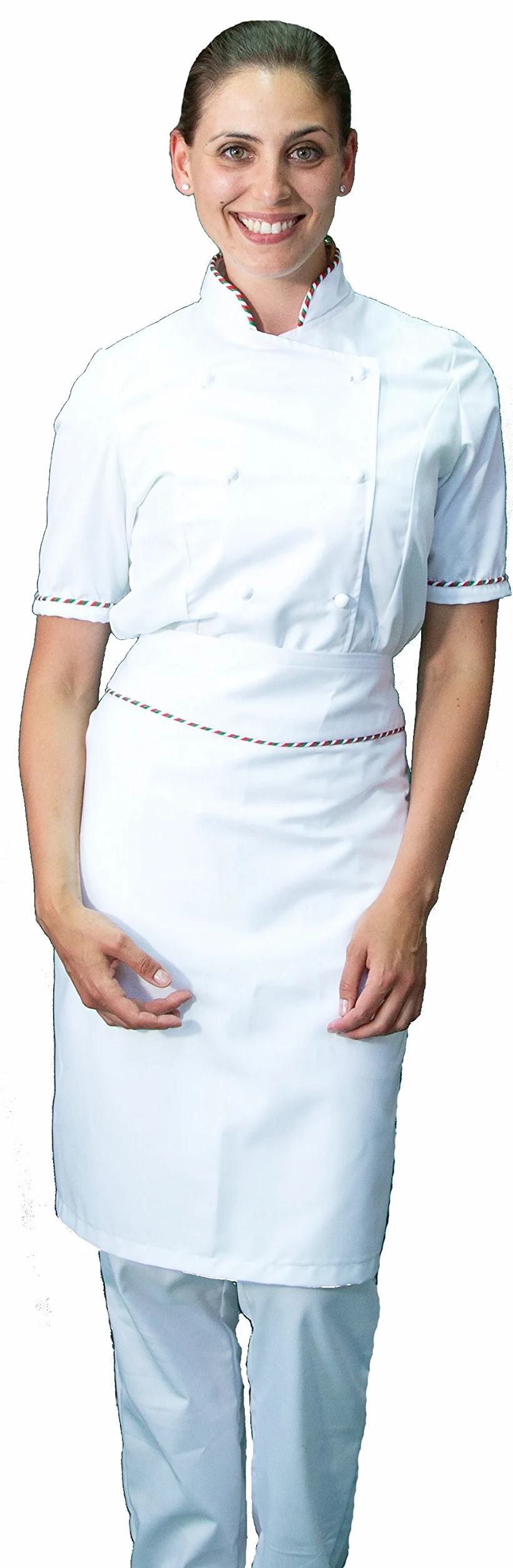 Bordado gratuito - Conjunto de cocina para mujer Italia - 3 unidades - Chaqueta de manga corta, pantalón y delantal - Conjunto para cocina y restaurante - Fabricado en Italia,