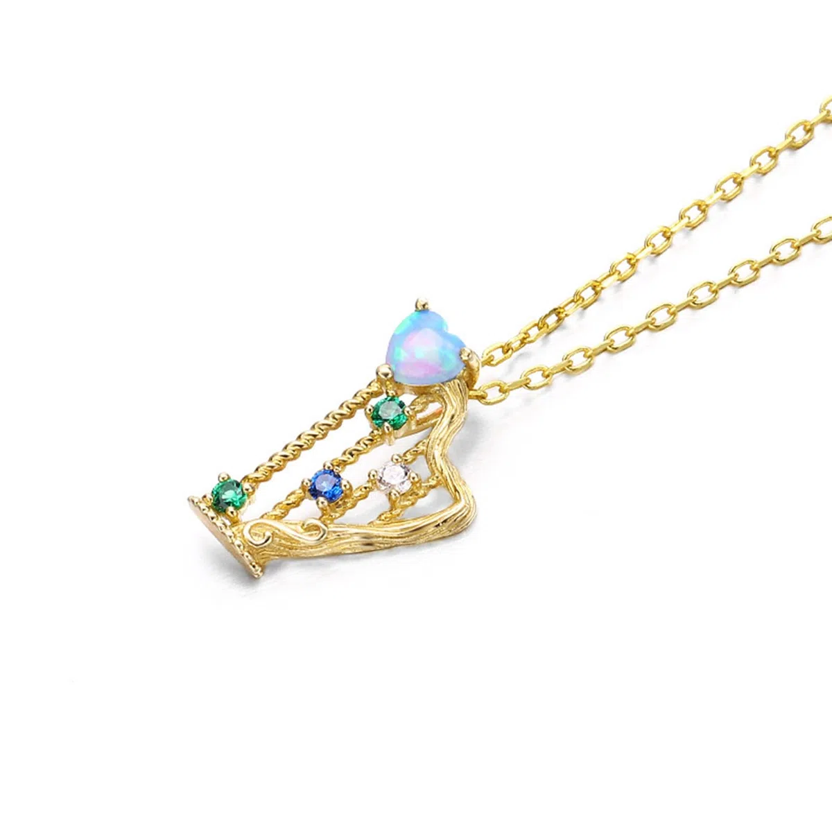 KnBoB Colgante para cadena, collar de oro de 18 quilates (750), forma de arpa, corazón azul, ópalo con verde, blanco, redondo, circonita, cadena de 45 cm