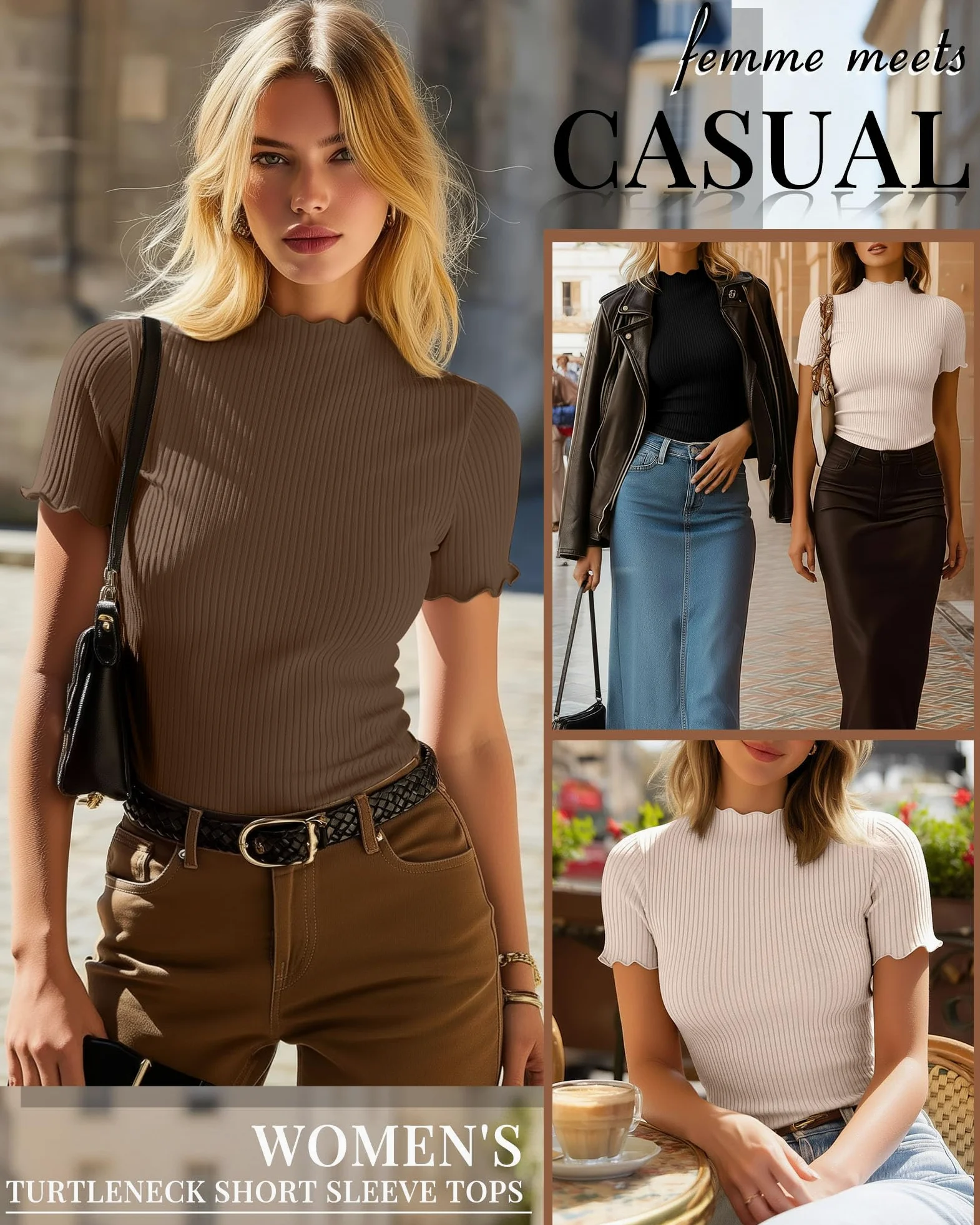 Geyoga 3 Tops Mujer Cuello Perkins | Camiseta De Algodón De Manga Corta, Tejido Acanalado Y Borde Ondulado. Ajuste Ceñido Y Tejido Elástico.