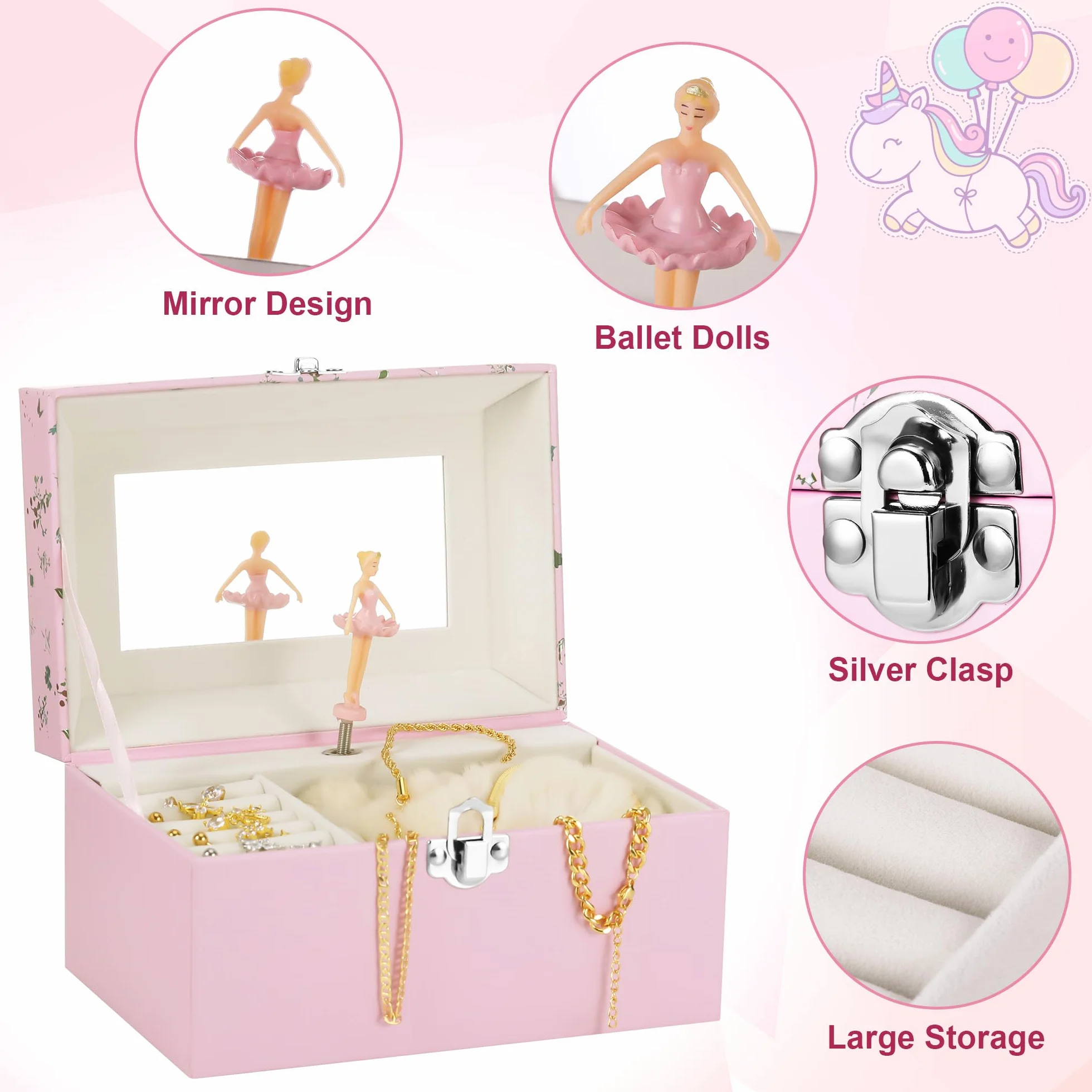 Joyero Musical Niña Bailarina Giratoria Caja de Música 3-10 Años 18x12x10cm Rosa