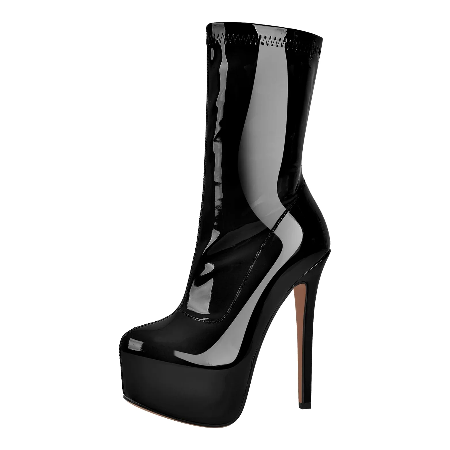 MissHeel Botas de caña corta de plataforma Tacones de aguja Tacones altos Botines elásticos Lacado
