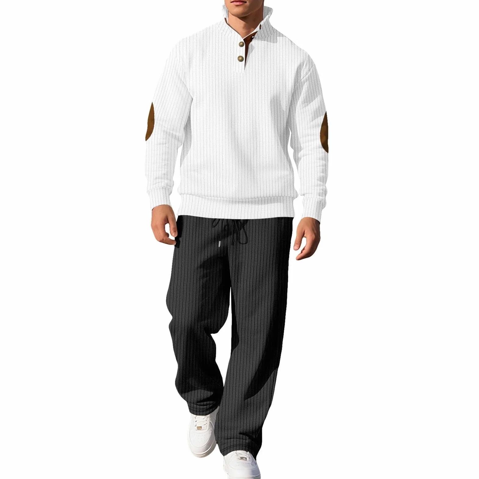 Conjunto de chándal para hombre, con botones a rayas, parches en los codos, pantalones deportivos de pierna recta con cordón, conjunto completo de 2 piezas, sudadera suelta y pantalones de chándal