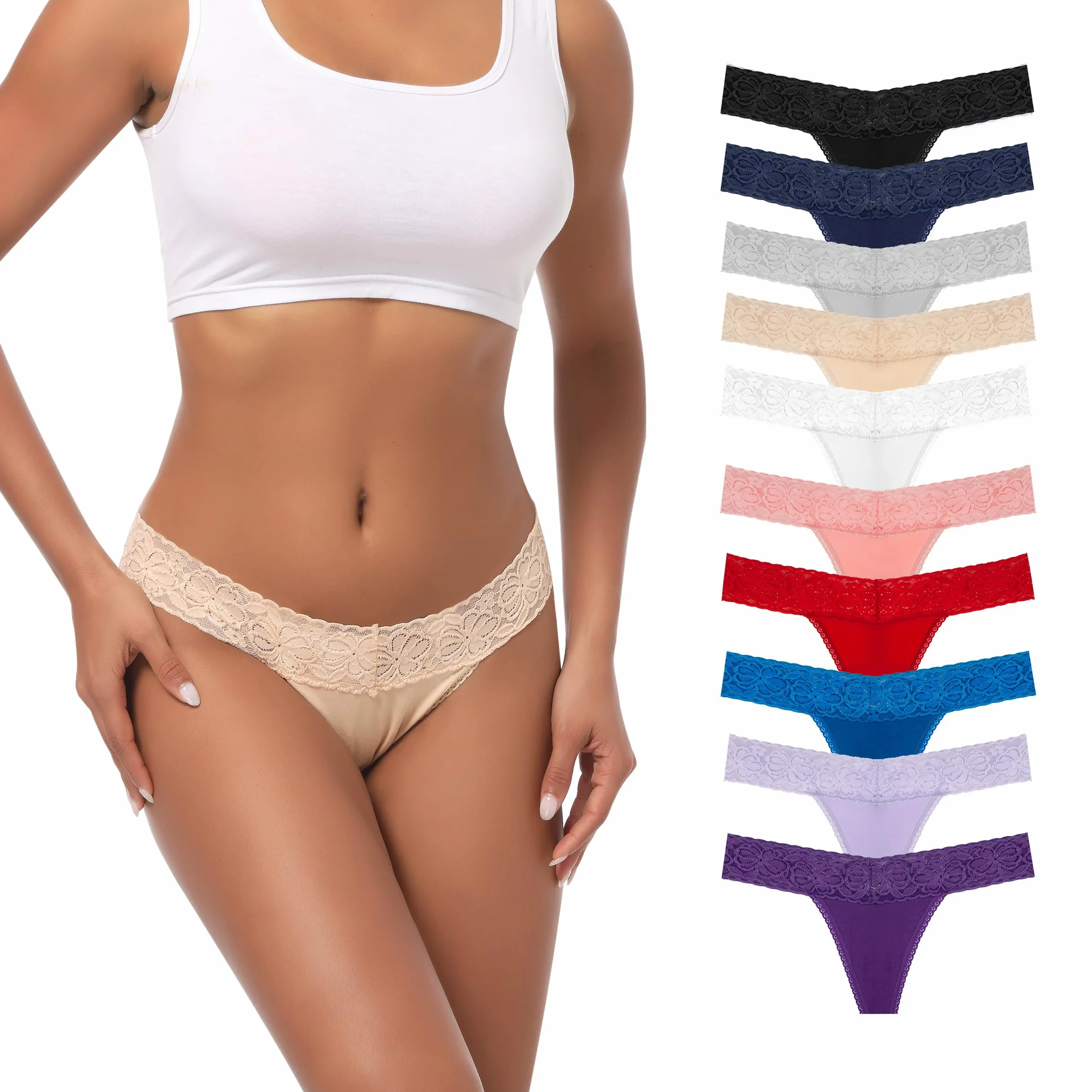 Paquete de 10 tangas de encaje sin costuras para mujer, talla grande, transpirables, talle bajo, espalda en T, de algodón elástico, ropa interior invisible, Tanga de algodón con cintura de
