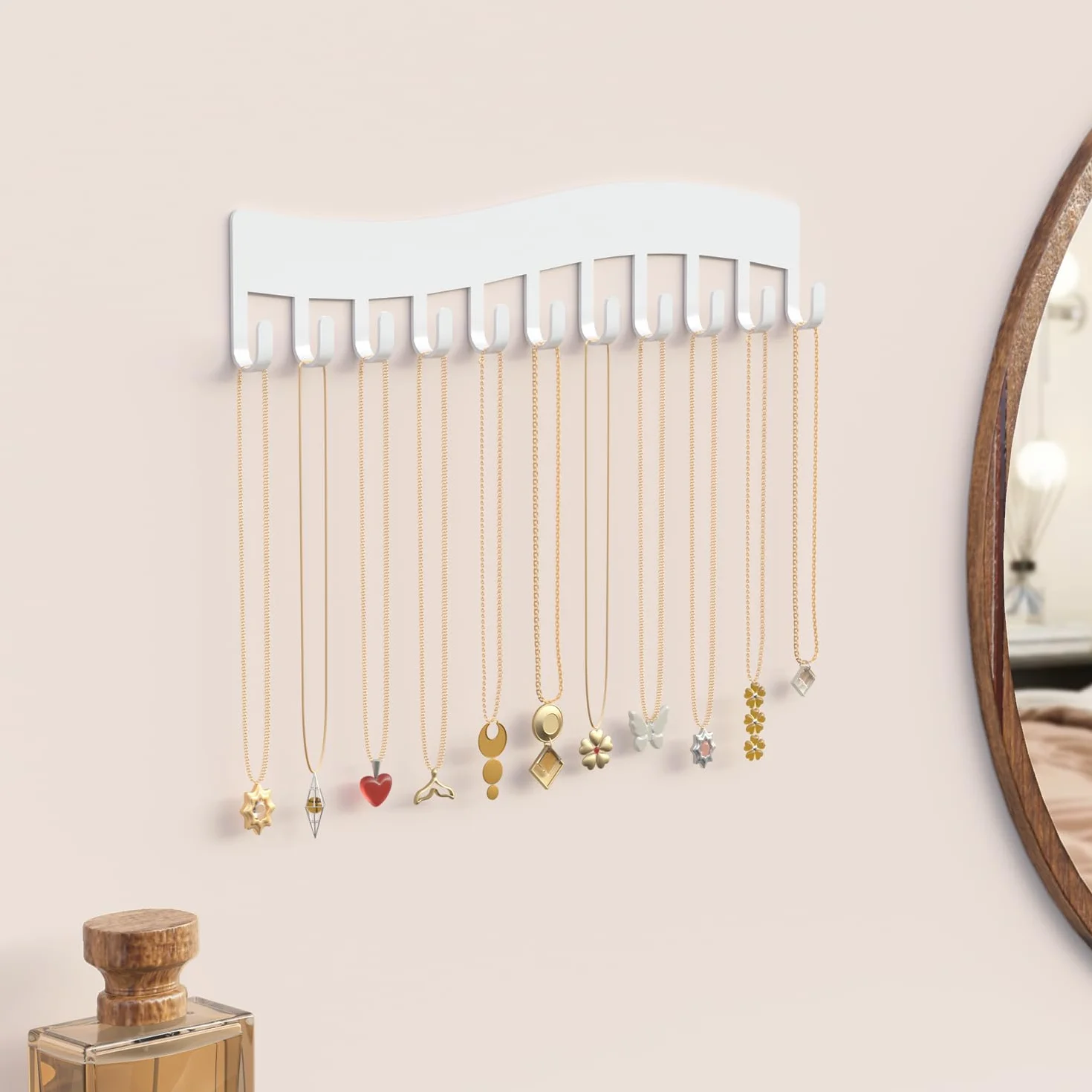 Organizador de joyas de pared Josmimic – Soporte para collares, pulseras y pendientes, juego de 2, blanco