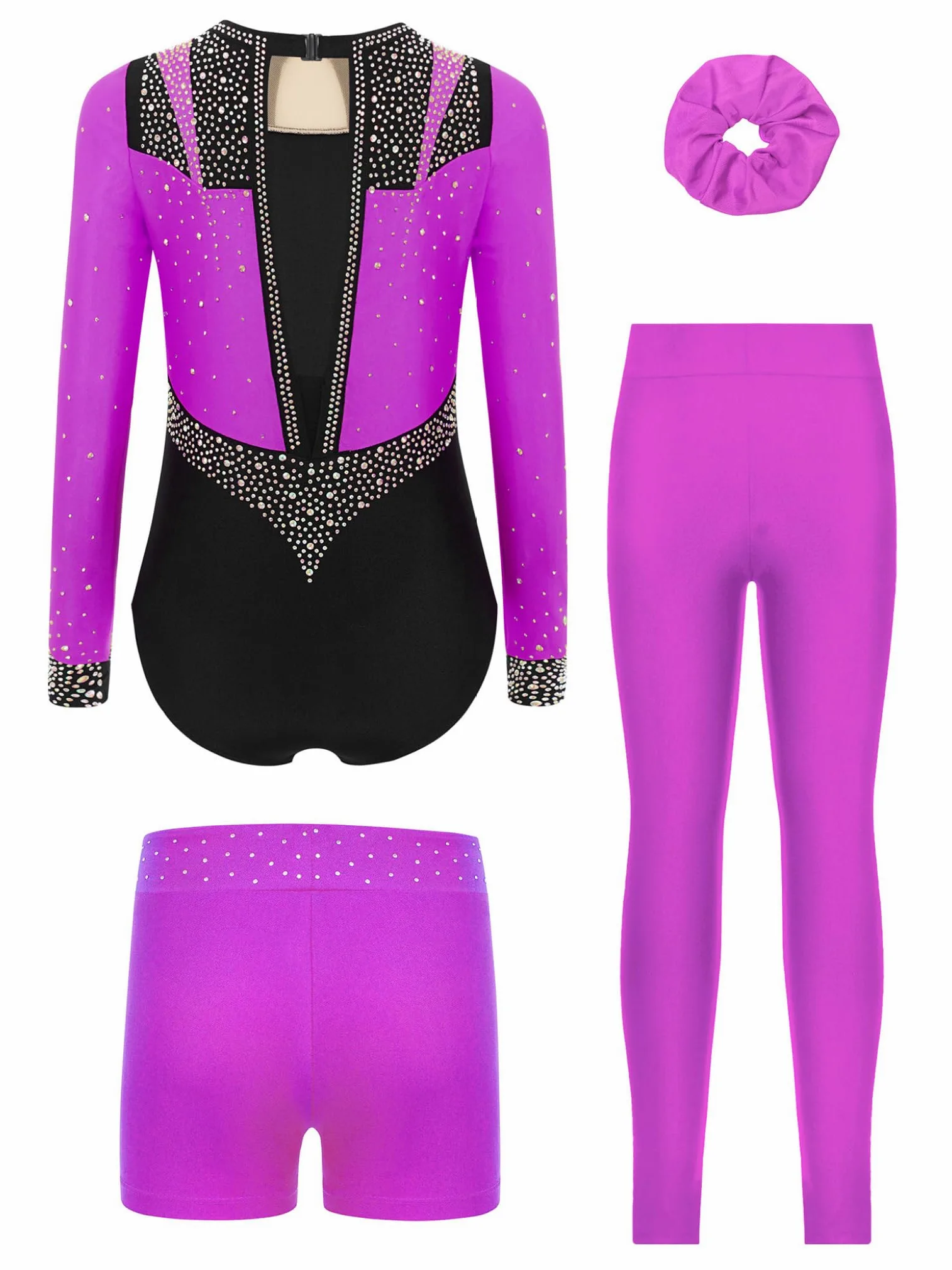 Piezas Traje Gimnasia Niñas Con Brillo Traje Entrenamiento Camiseta Manga Larga Patinaje Artístico Mono Baile