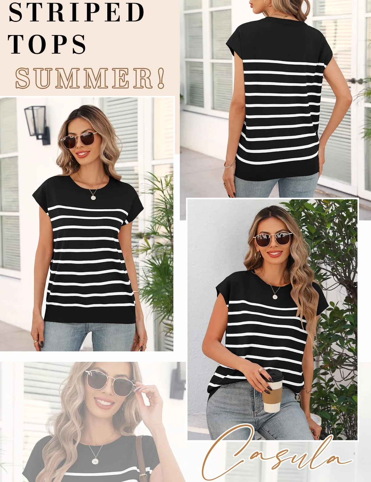 Niwicee Camisetas Manga Corta Mujer Camiseta Mujer Verano Top Mujer Tshirt de Rayas Tops con Cuello Redondo Básica Slim Fit para Mujer Top Elegantes Blusas Informales