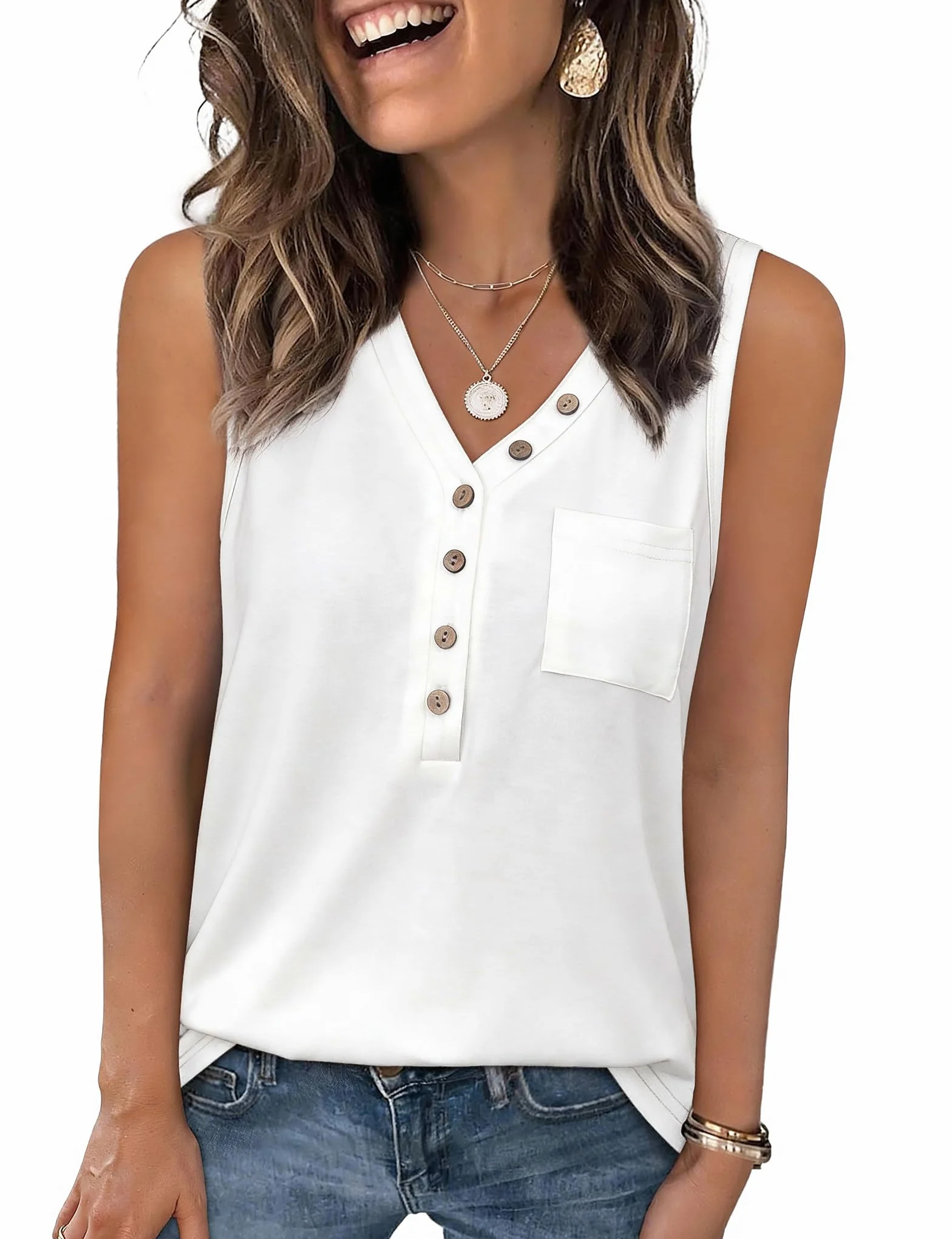 Aottori Camisetas Sin Mangas Mujer Cuello V Chaleco Verano Básico Cami Casual Suave Sólido Suelta Bolsillo