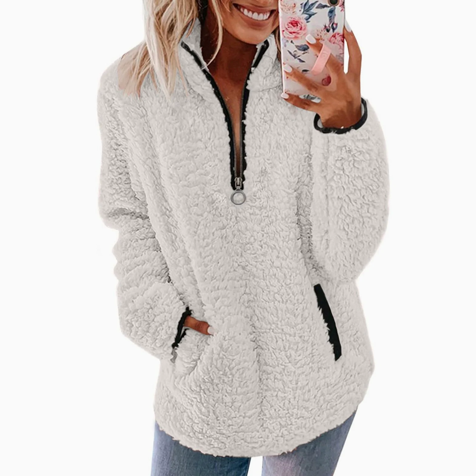 Sudadera de forro polar para mujer, mullida, con bolsillos, sudadera casual con cremallera de 1/4, manga larga, cuello alto, acogedora, para invierno