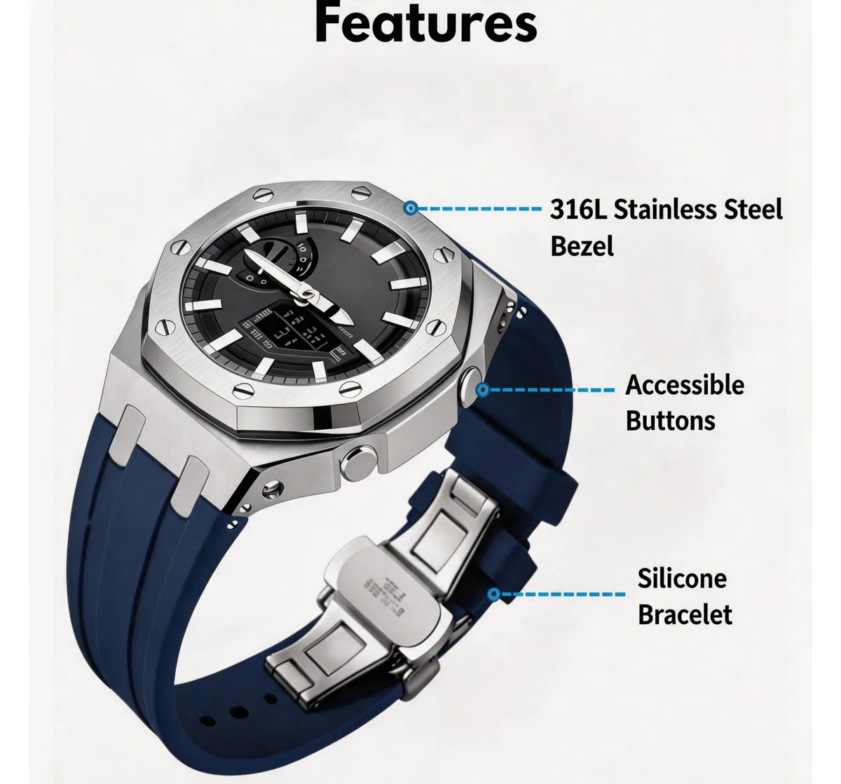 Repuesto Correa de Reloj de Silicona con Bisel de Acero Inoxidable 316L compatible con Casio G-Shock GA-2100 / GA-2110 | Azul