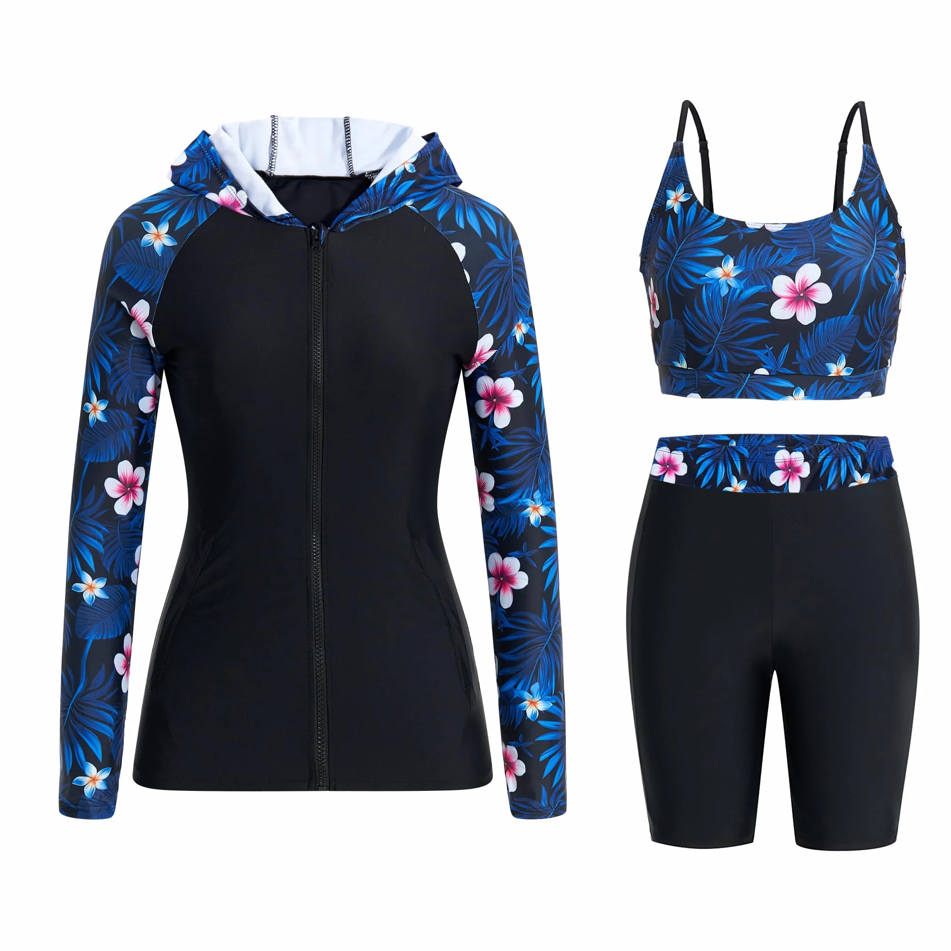 Owntop Camiseta de protección contra erupciones de 3 piezas para mujer | Trajes de baño con capucha UPF50+ | Camisas de manga larga con cremallera y parte superior de bikini y pantalones cortos de