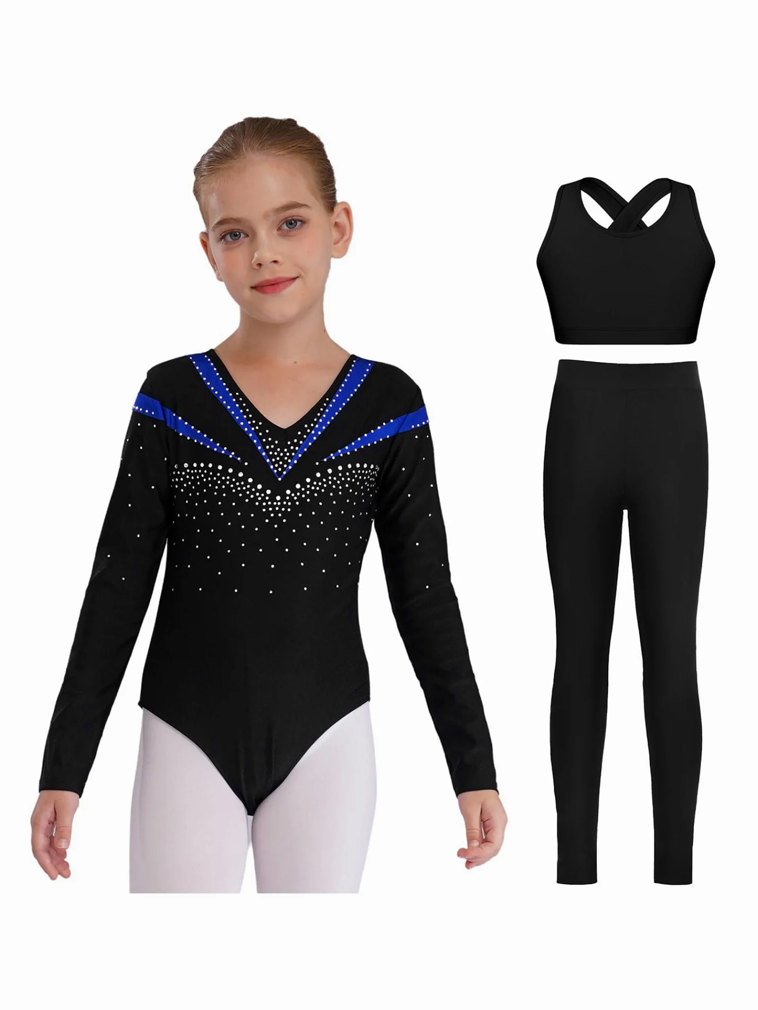 Piezas De Traje De Gimnasia Con Destellos Para Niñas Leotardos De Gimnasia De Manga Larga Tops De Deporte Brasier Y Pantalones Traje De Baile Para Azul 11-12 años