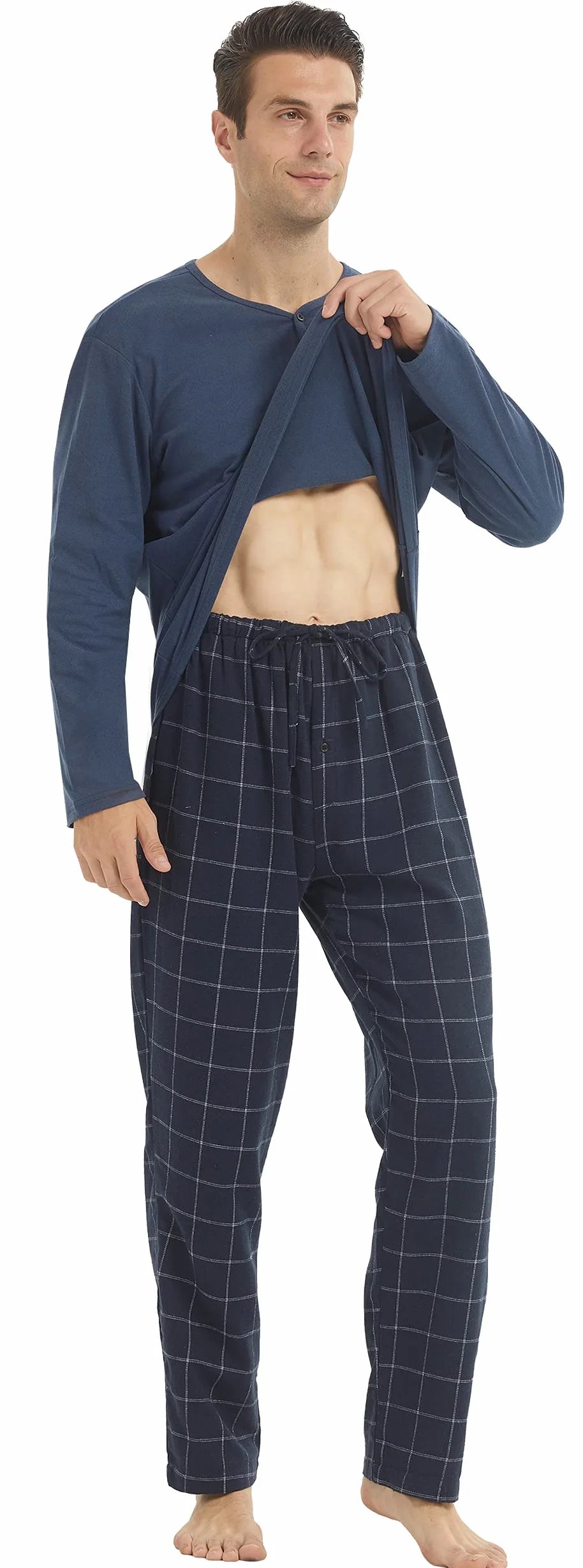 YUSHOW Pijama Hombre Invierno Pijama con Manga Larga Polar y Pantalón Largo de Algodón a Cuadros Conjunto de Pijama Cómodo y Calentito