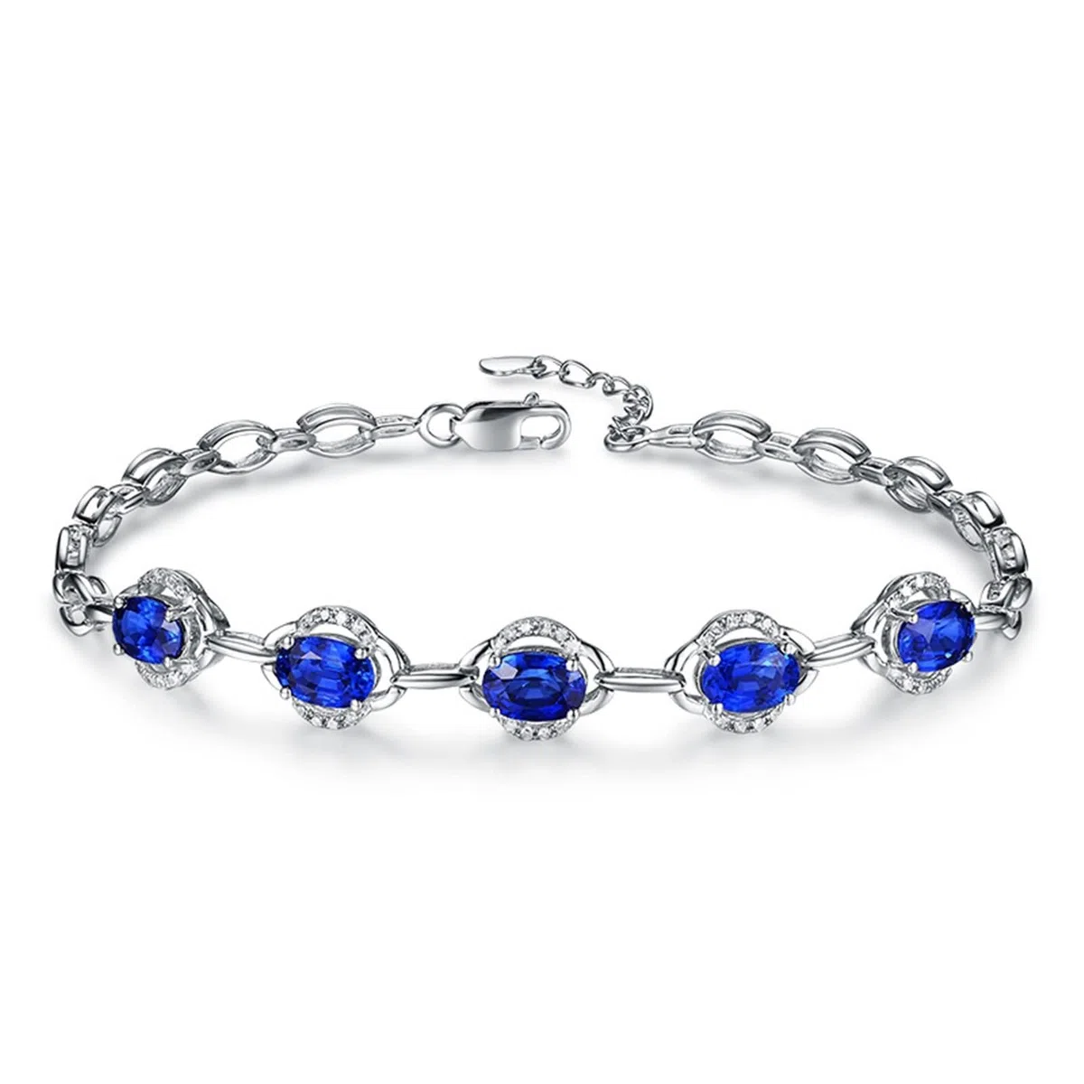 Pulsera de Mujer Oro Blanco 9Kilates / 14Kilates / 18Kilates, Oval con Zafiro y Diamante, Cadena Extensible 16 CM + 5 CM, Pulseras de Plata Azul de Mujer Ajustable