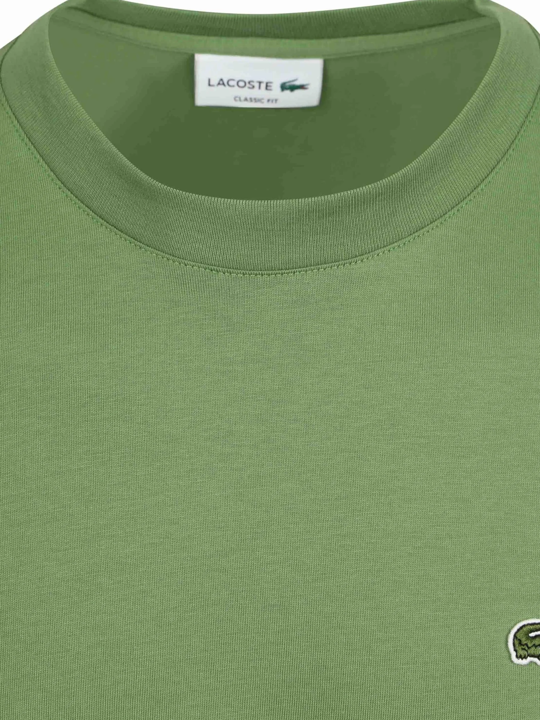 Lacoste Camiseta de Algodón Verde Mache Vert, Manga Corta, Cuello Redondo, Corte Clásico con Cocodrilo Bordado