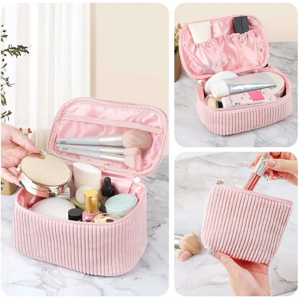 Aucuu Neceser Maquillaje, Bolsa de Maquillaje para Mujer, Bolsa de Cosméticos de Viaje, Bolsa de Aseo para Mujer, Pana Grande para Mujeres y Niña, para Hogar Vacaciones Viaje-Rosa