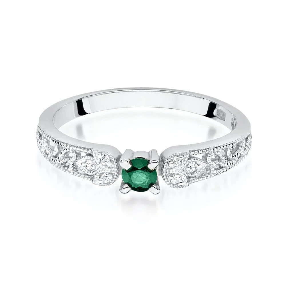 Sakrami Anillo de mujer de oro amarillo o blanco de 14 quilates con esmeralda natural de 0,15 ct y diamantes, anillo elegante con grabado para compromiso, San Valentín, aniversario (blanco, 22)