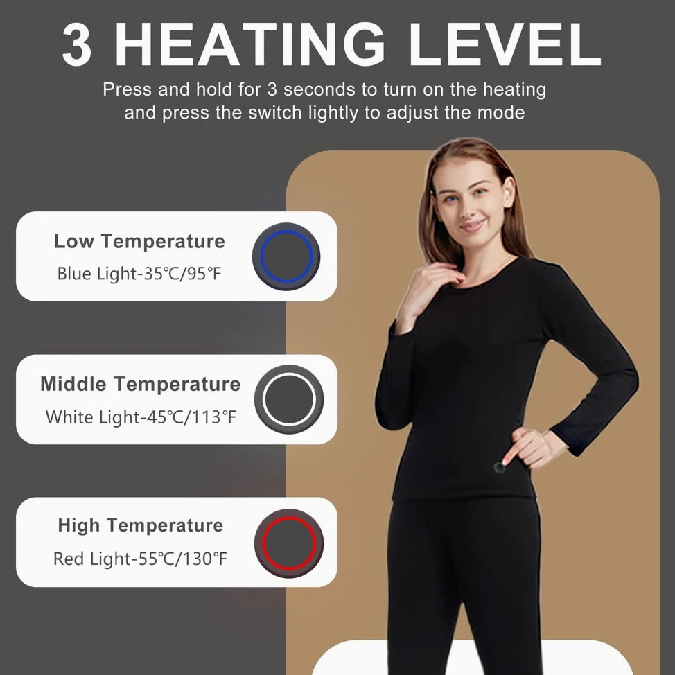 Ropa Interior Calefaccionada para Mujeres, Camiseta Y Pantalones Térmicos Eléctricos con 52 Zonas De Calefacción Y 3 Configuraciones De Temperatura para Esquiar