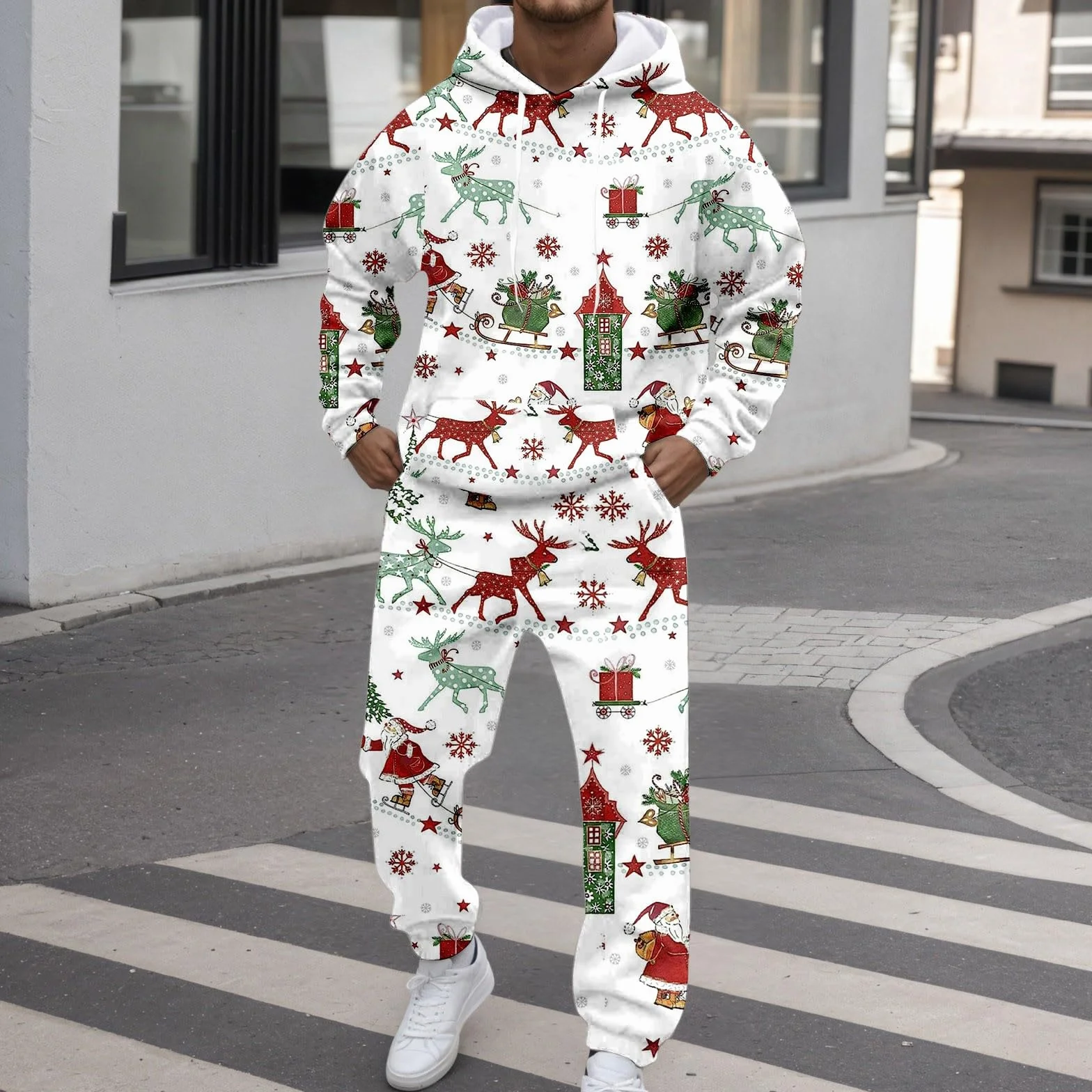 Chándal de Navidad para hombre, sudadera con capucha y pantalones 2 piezas, traje festivo