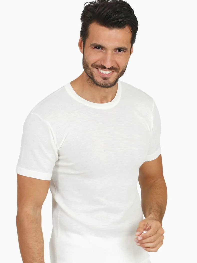 Camiseta de hombre de lana y seda de manga corta blanco o negro