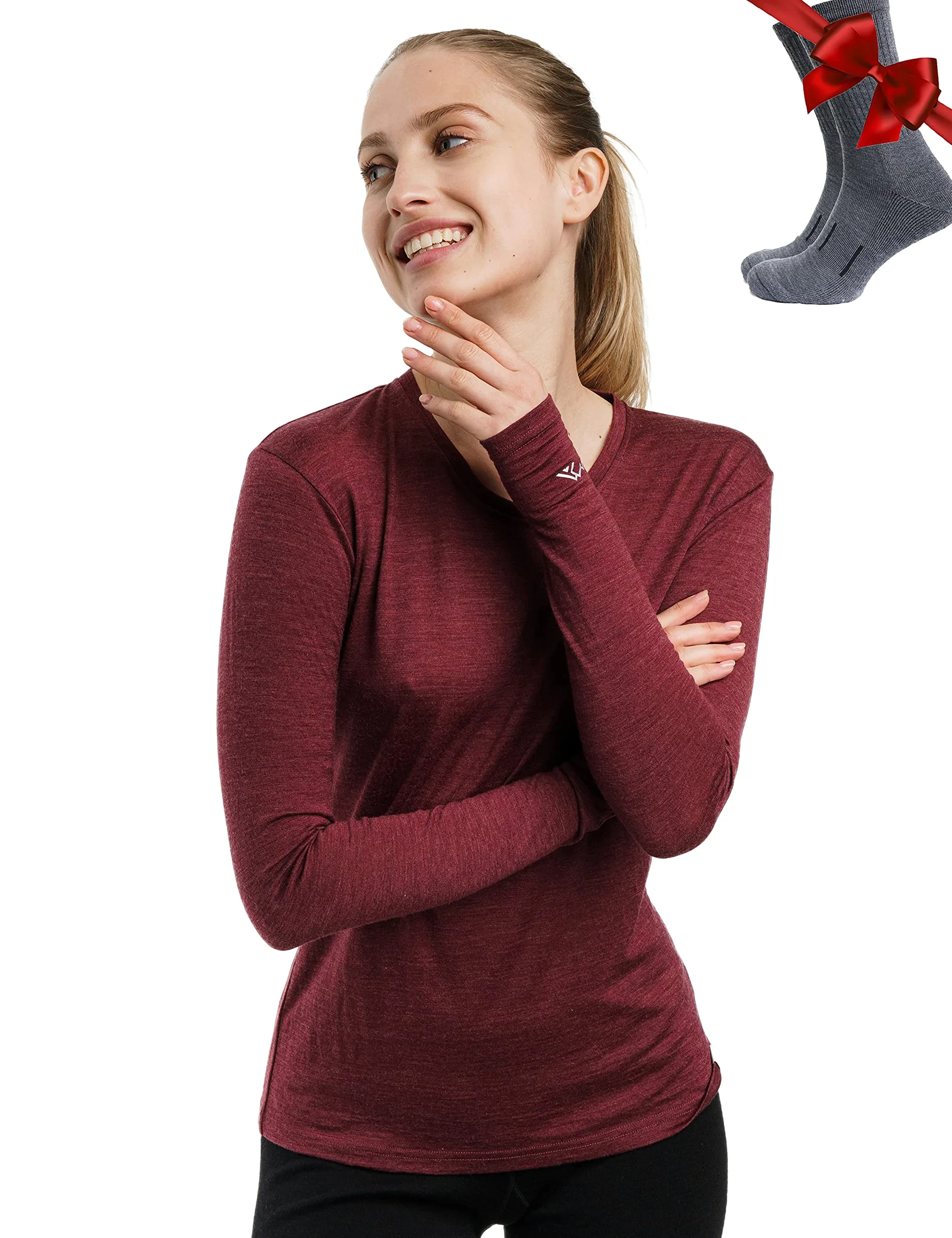 Merino.tech Camiseta Lana Merino Mujer - 100% Merino Camiseta Interior Termica Mujer Ligero con Calcetines (X-Small, 165 Burgundy)