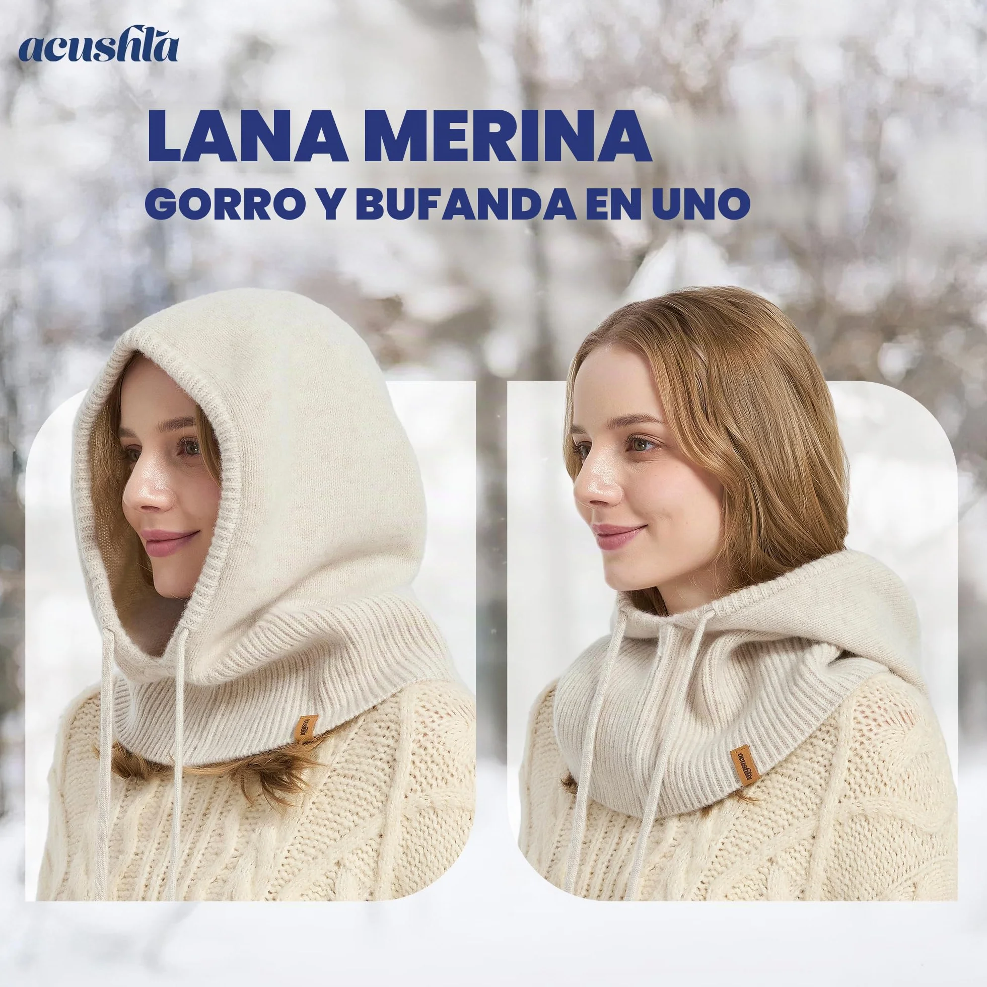 ACUSHLA Pasamontañas 100% lana merino para hombre y mujer, invierno, cálido, con capucha, gorro, bufanda y bufanda, color marrón, talla única