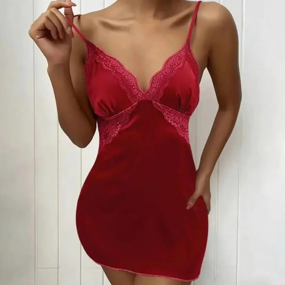 Camisón para Mujer - Camisón De Color Sólido para Mujer, Camisón De Verano con Cuello En V Transparente De Encaje Transparente, Pijamas para Mujer, Vestido De Camisón para Mujer, Camisón Sin Es