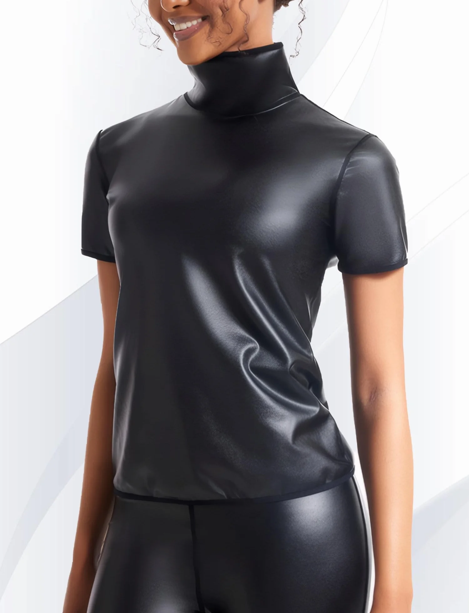 Camiseta de piel sintética para mujer, manga corta, látex, disfraz rave, aspecto mojado, XS-3XL