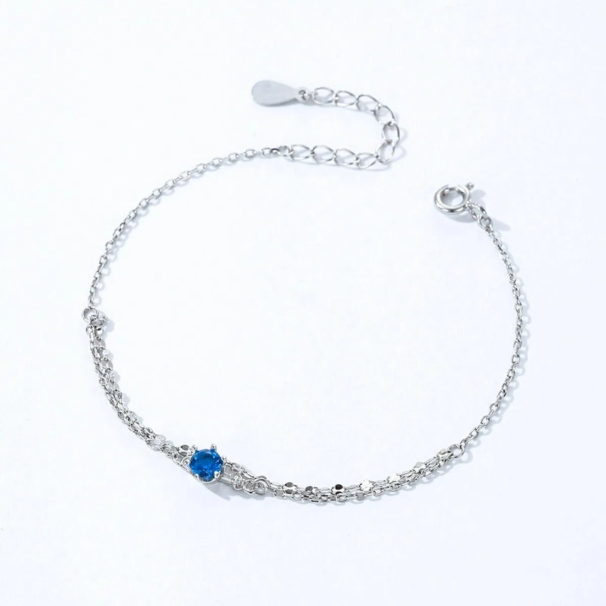 Pulseras Oro Blanco 9K / 14K / 18K Mujer, Cadena Doble Capa con Topacio y Moissanita, Cadena Extensible 16 CM + 5 CM, Pulsera de Mujer Plata Azul