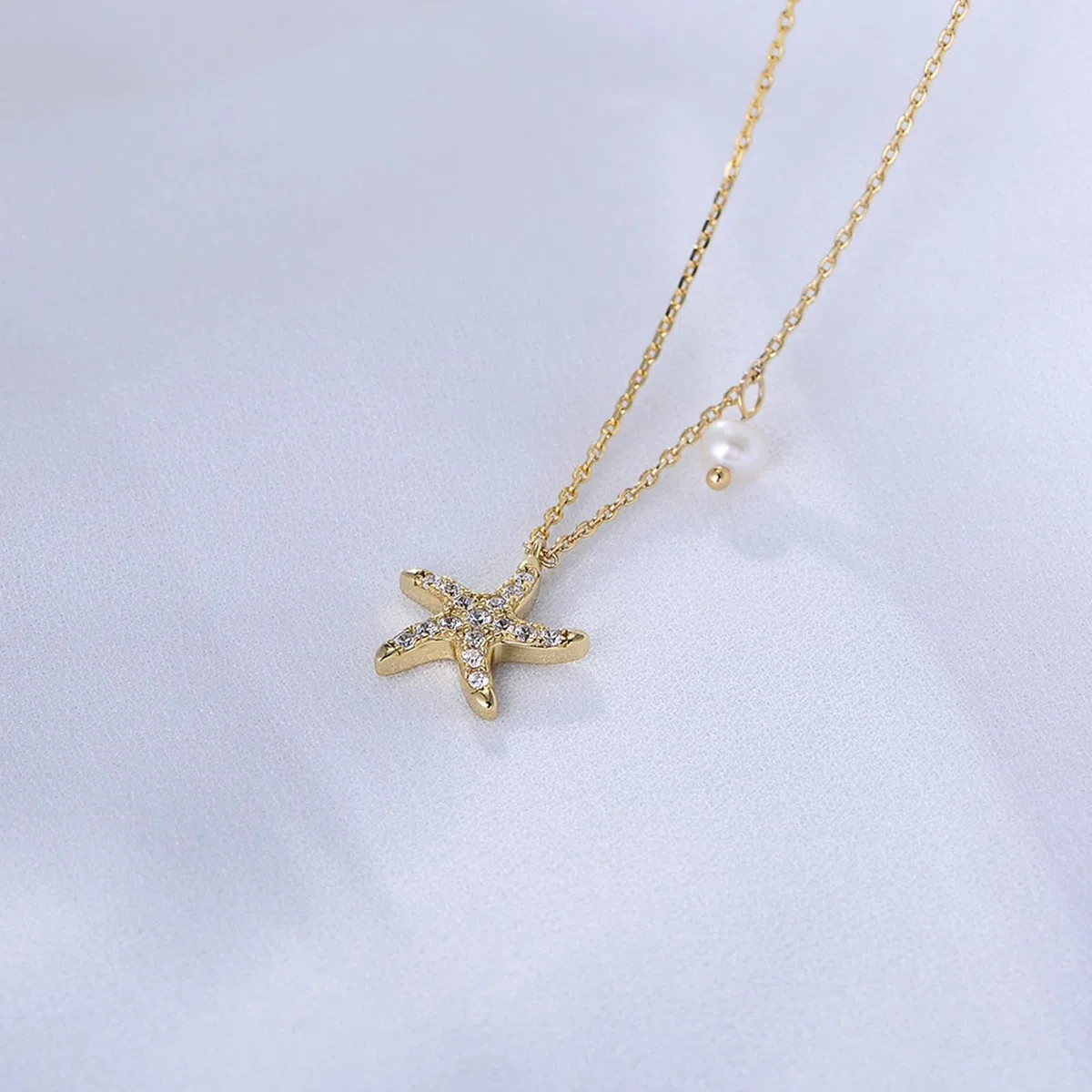Collar con colgante de moissanita para mujer, oro amarillo de 9 quilates, 14 quilates, 18 quilates, 12,3 mm, con colgante de estrella de mar y perla, cadena Rolo: 40 + 5 cm
