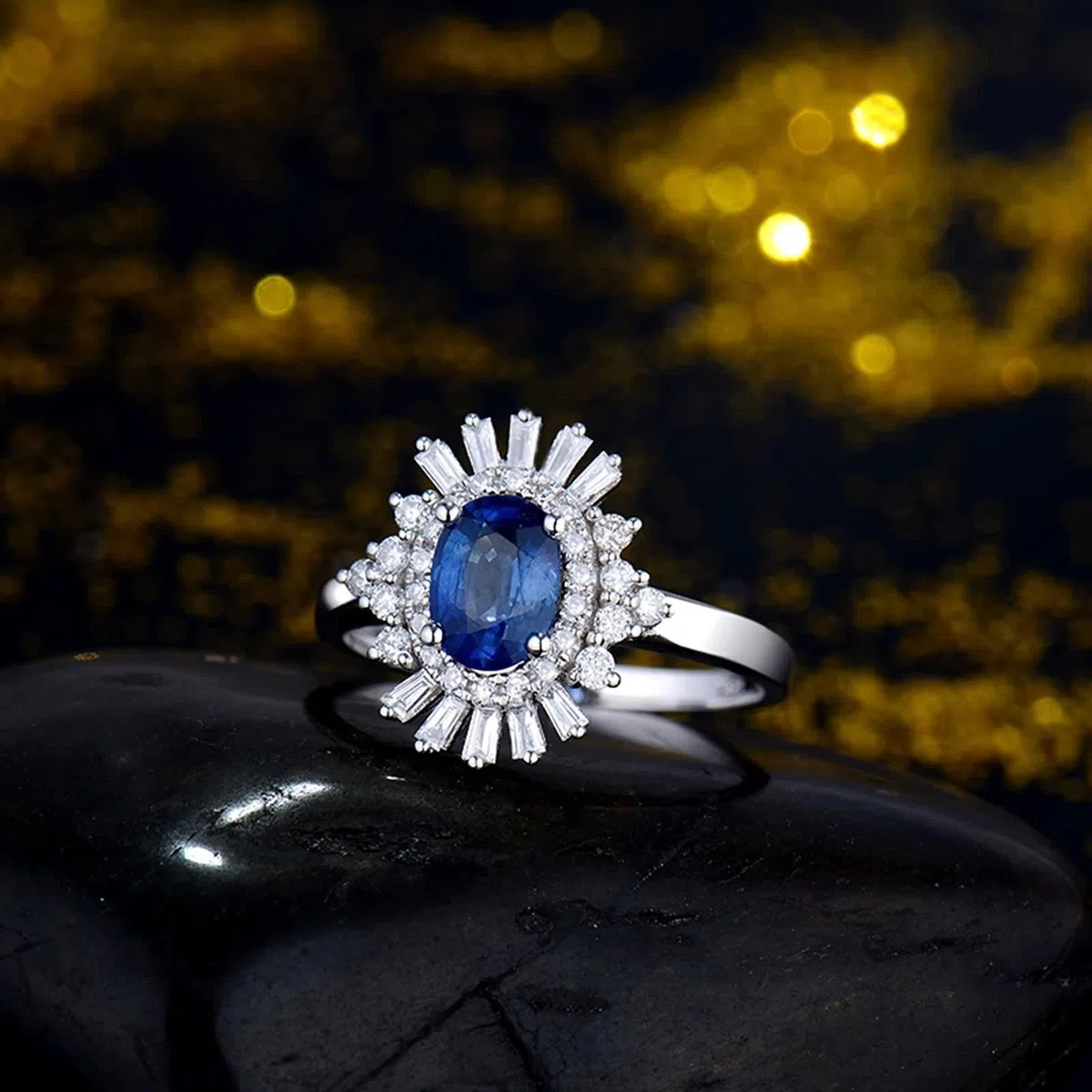 Anillos de Mujer de Flores, Anillos Compromiso Oro Blanco Oro 18K Zafiro Forma Oval Grupo Moda Accesorios