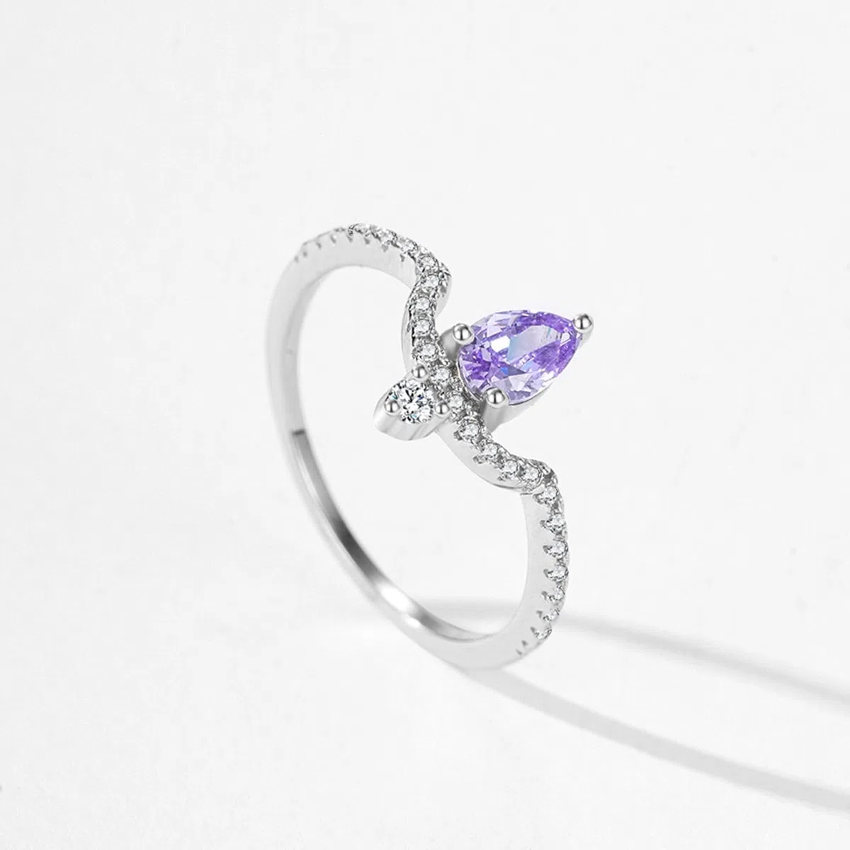 Anillo de oro para mujer, anillo de boda de oro auténtico, elegante con amatista de 0,3 quilates, oro blanco, alianza de boda para mujeres