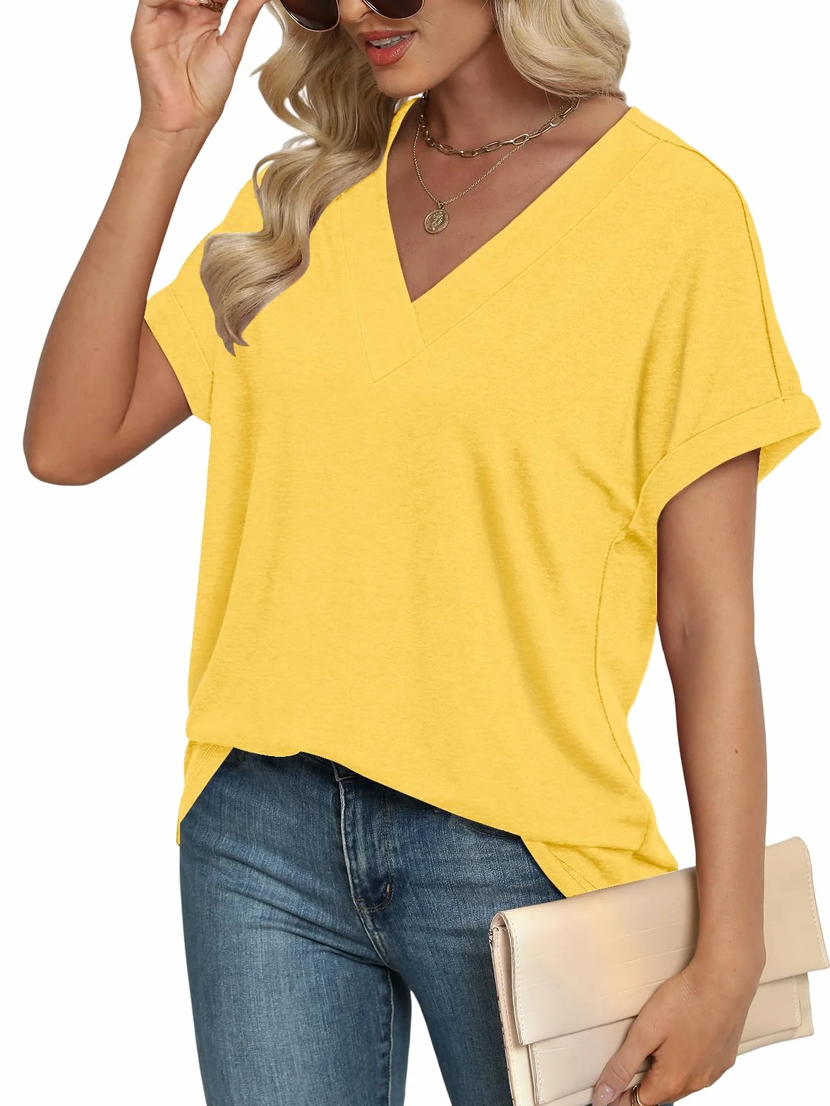 Cuptacc Camiseta Mujer Manga Corta Cuello en V Blusas Mujer Verano Elegantes Suelto Básica Top