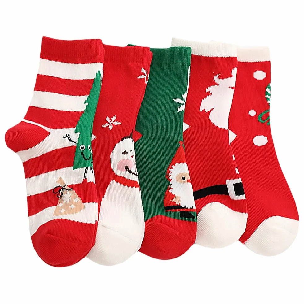 Healvian 5 Pares de Calcetines Navideños Rojos de Algodón para Niños de 6-8 Años, Medias Gruesas y Suaves Dibujos Animados para Cumpleaños y Navidad