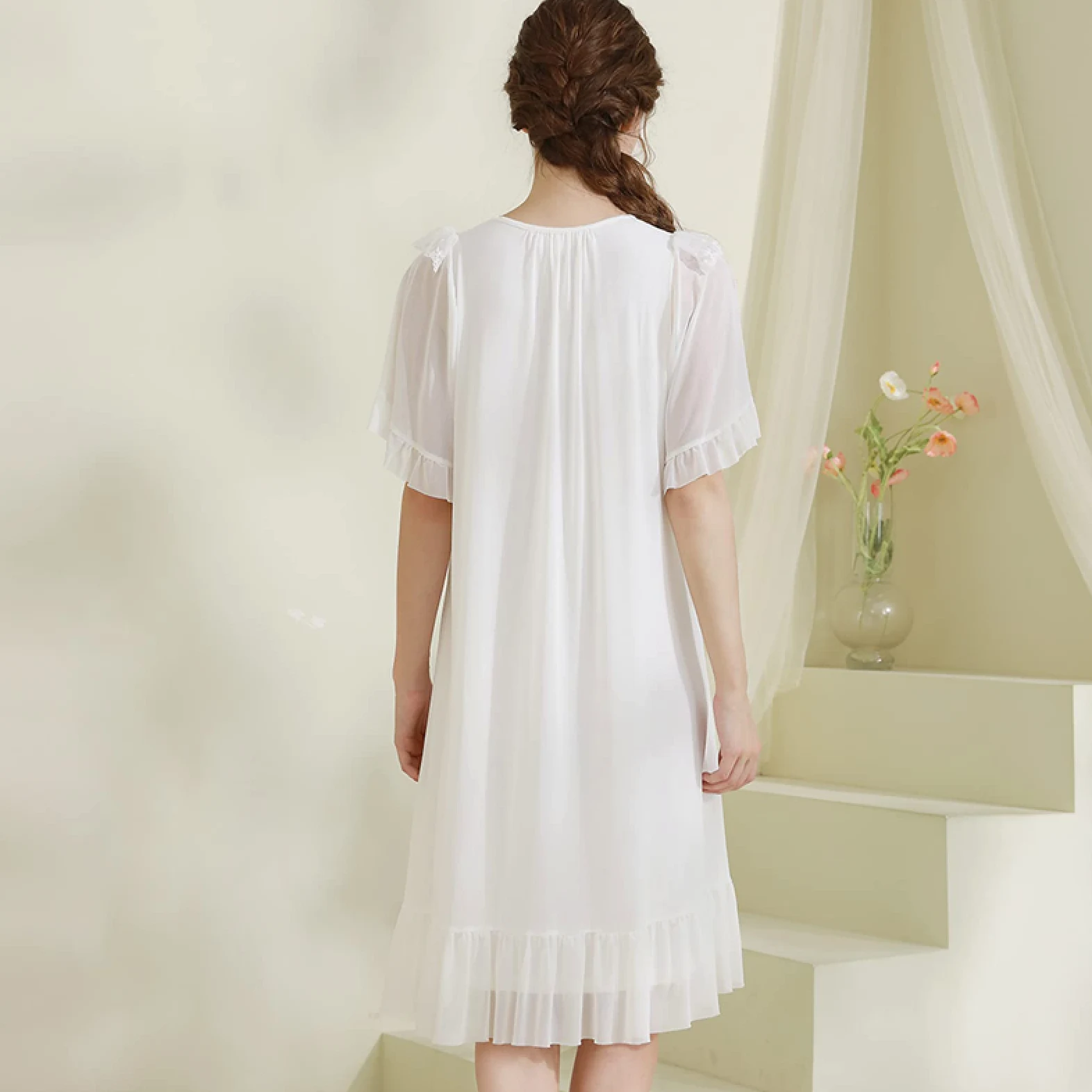 OFFSUM Camisón De Pijama De Mujer - Camisón De Princesa De Color Sólido Camisón De Verano con Lazo De Malla De Encaje Camisón De Dos Pisos Elegante Bordado Ropa De Casa Lencería