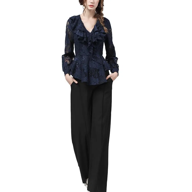 Blusas de Encaje con Cuello en V y Volantes de Color Azul Oscuro, diseño Floral Ahuecado, Manga Larga, Blusas Delgadas de otoño para Mujer, Camisas de Oficina (Azul M)