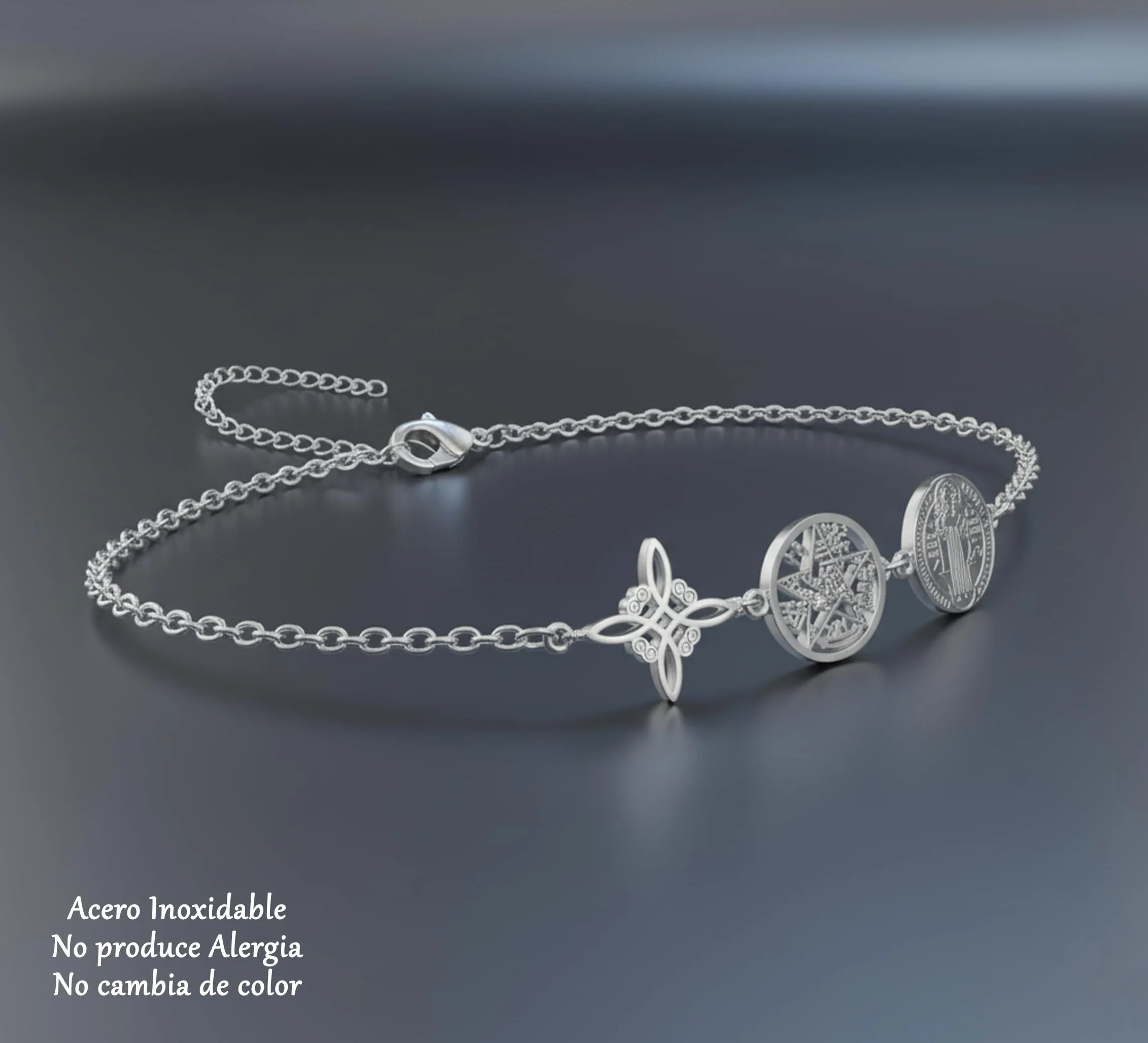 Pulsera Triple Protección Acero Inoxidable 316L 17cm Ajustable Amuleto Esotérico Dorado y Plateado