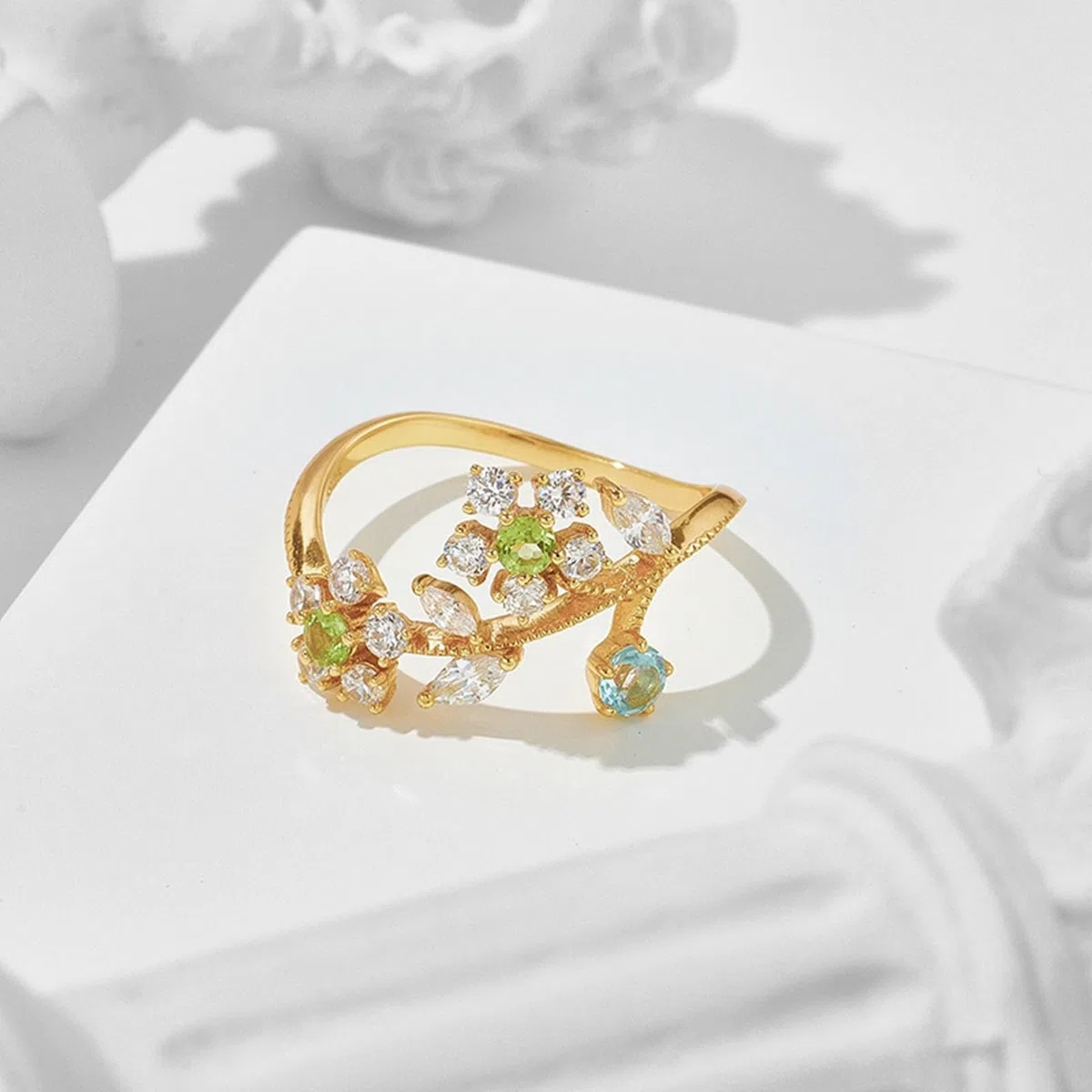 Anillo de boda auténtico de 9 K/14 K/18 K oro amarillo con peridoto verde, hojas de flores