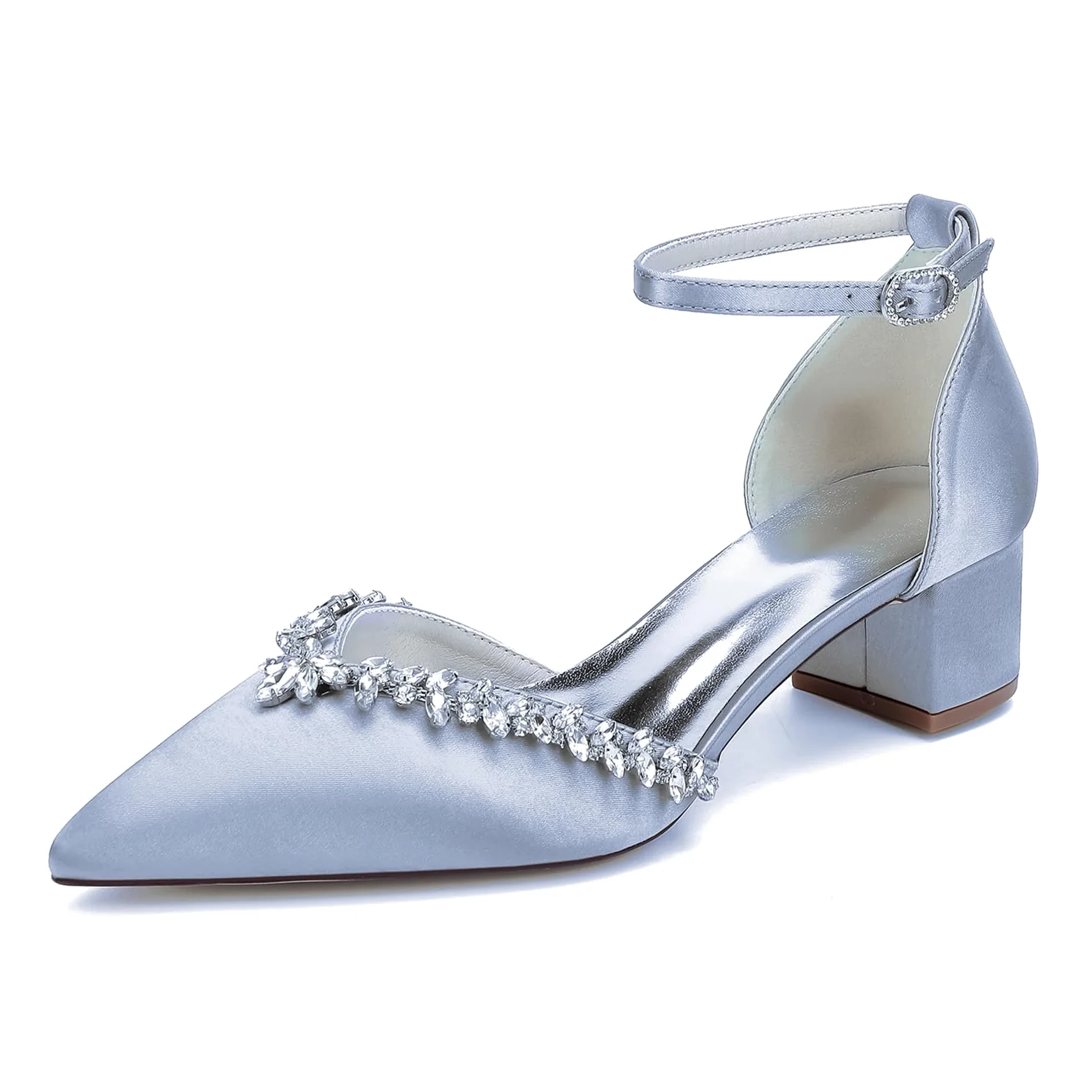 Mujer Tacón Ancho Bajo Zapatos De Boda Satén Tiras Al Tobillo Punta Cerrada Zapatos De Novia con Diamantes De Imitación