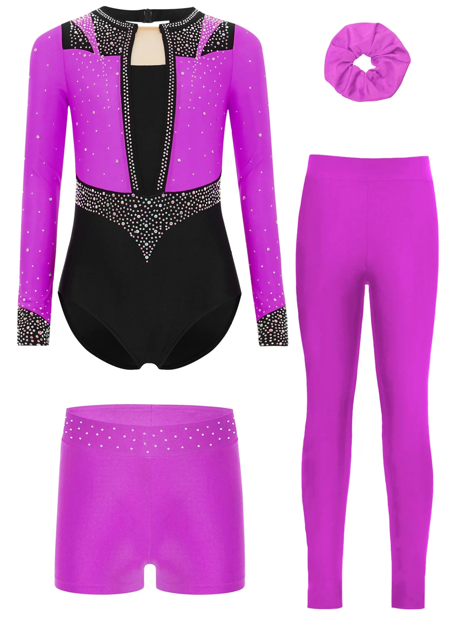 Piezas Traje Gimnasia Niñas Con Brillo Traje Entrenamiento Camiseta Manga Larga Patinaje Artístico Mono Baile