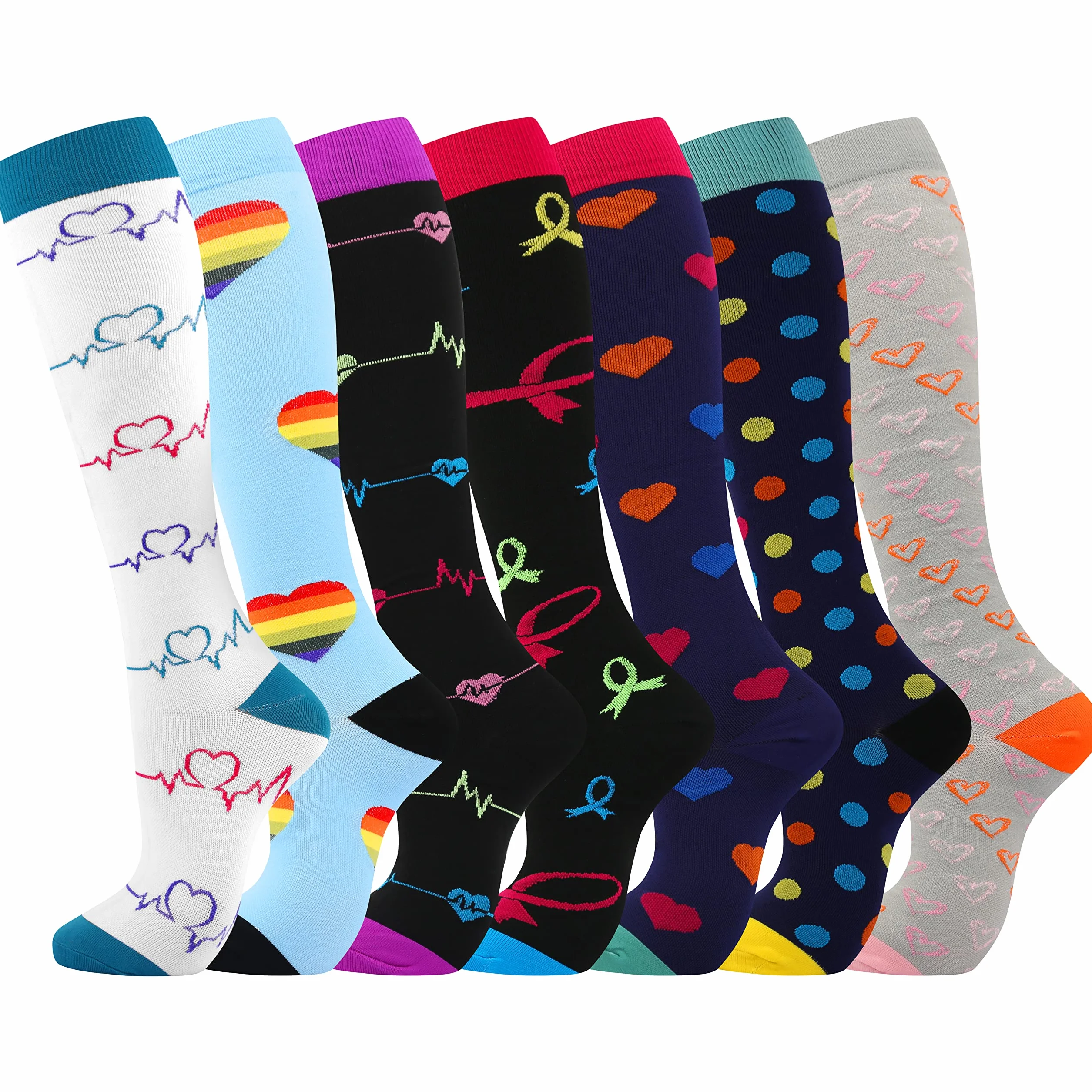 Calcetines de compresión (7 pares) para mujeres y hombres Circulación 20-30 mmhg El calcetín alto hasta la rodilla es el mejor apoyo para atletismo Correr, Ciclismo