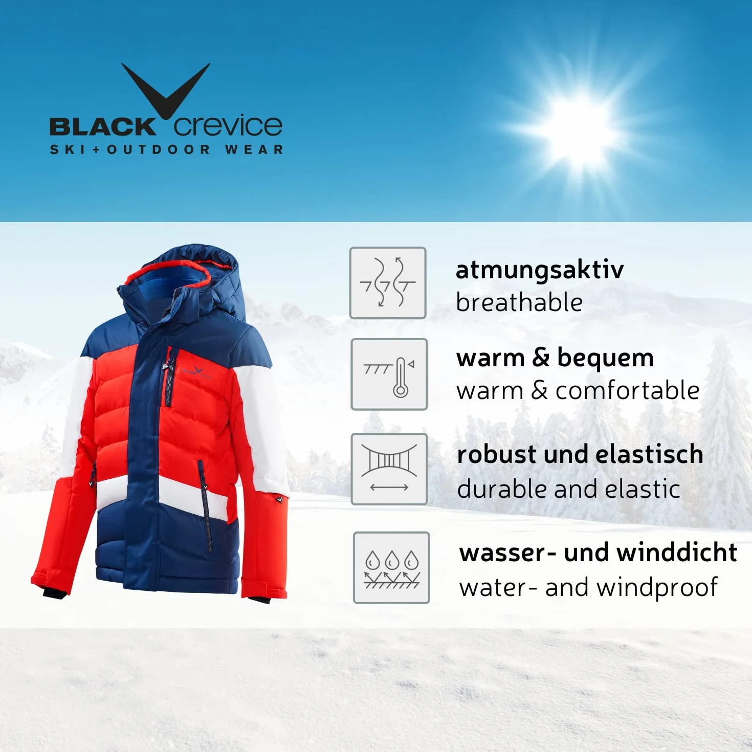 Black Crevice Chaqueta de esquí infantil, chaqueta de invierno rompeviento e impermeable para niños, bolsillos impermeables con cremallera, con capucha