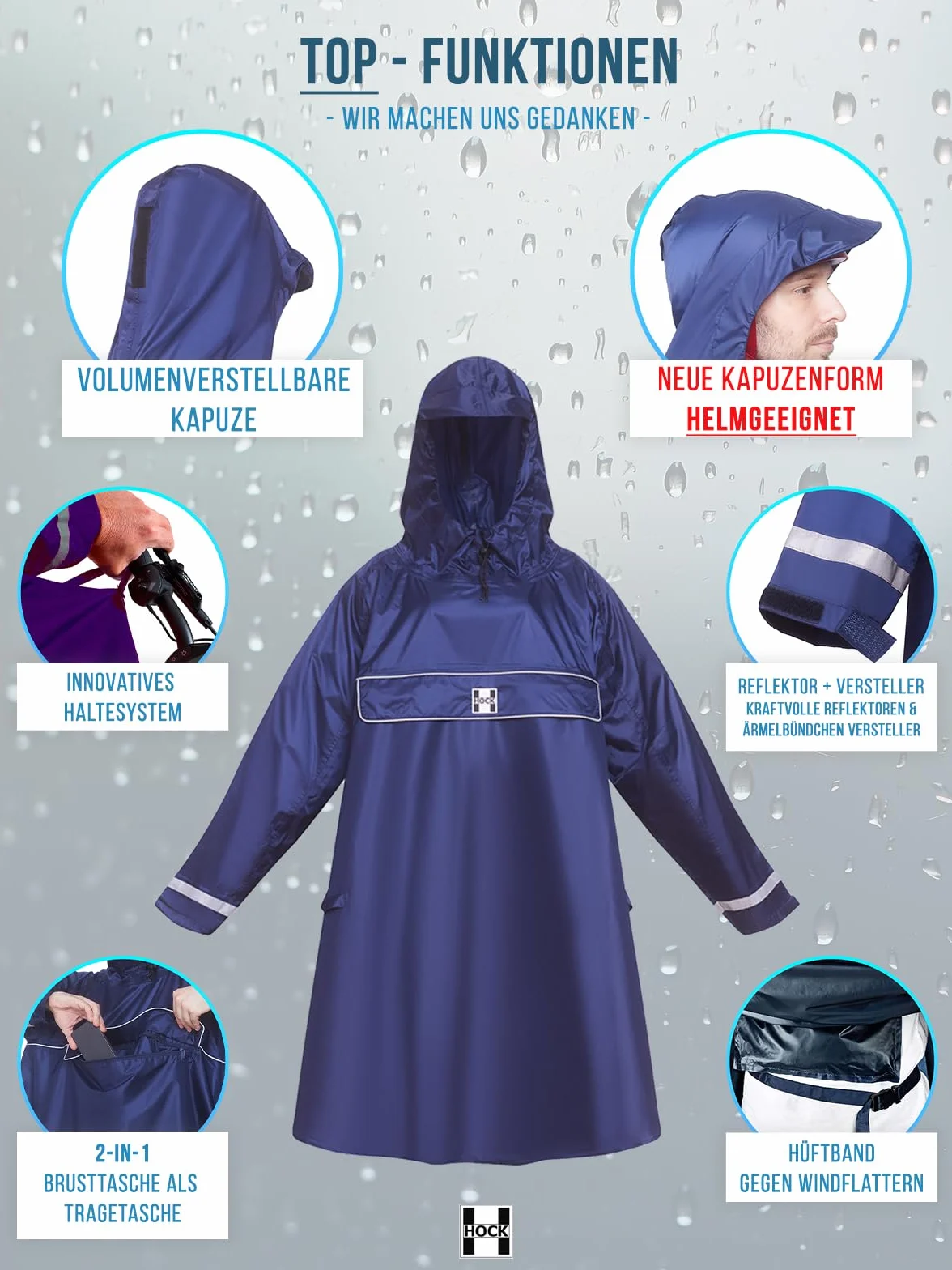 HOCK Poncho de lluvia premium para bicicleta eléctrica con mangas – adecuado para cascos – Chubasquero 100% impermeable, Marine, XL