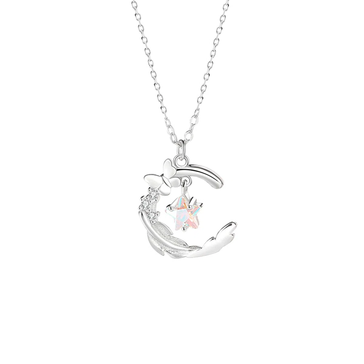 Collares de oro blanco de 9/14/18 quilates para mujer, colgante de luna, estrella de mariposa con piedra lunar, collar de moda de 40 + 5 cm