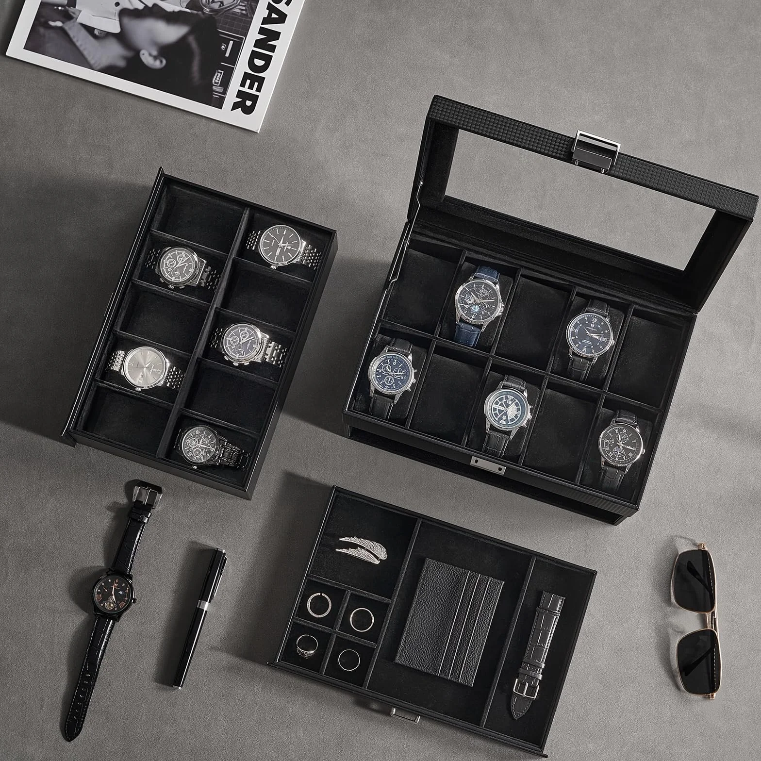 ProCase Organizadora para Relojes para Hombre, 20 Ranuras Caja Organizadora de Joyería de 3 Capas con Cajón Estuche de Almacenaje con Tapa de Cristal Vitrina Expositor -Negro Puro
