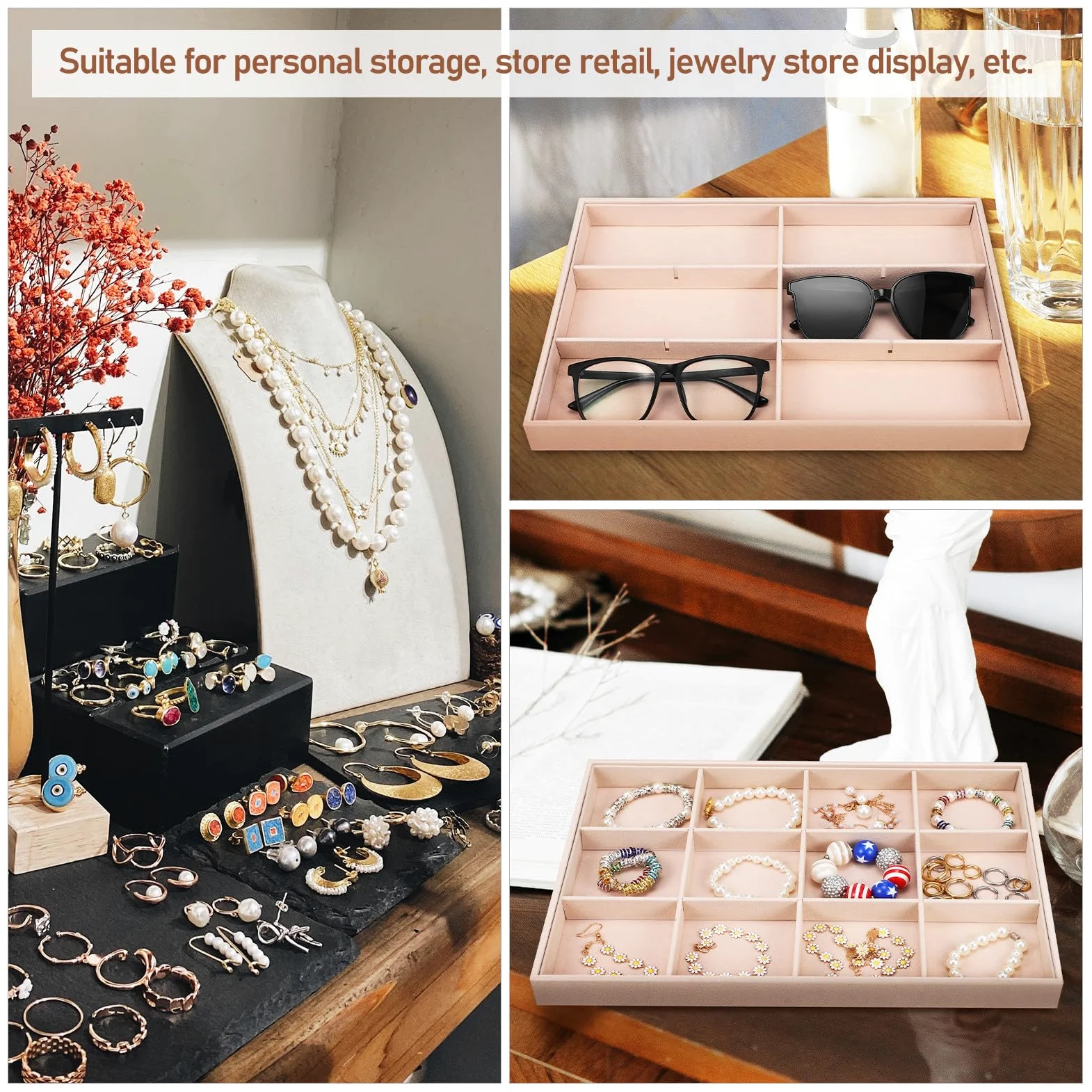Bandejas para Joyas de Terciopelo 2 Unidades Organizador 12 Compartimentos Ajustables Bandeja para Exhibición y Almacenamiento de Anillos Collares y Pulseras Uso Doméstico y